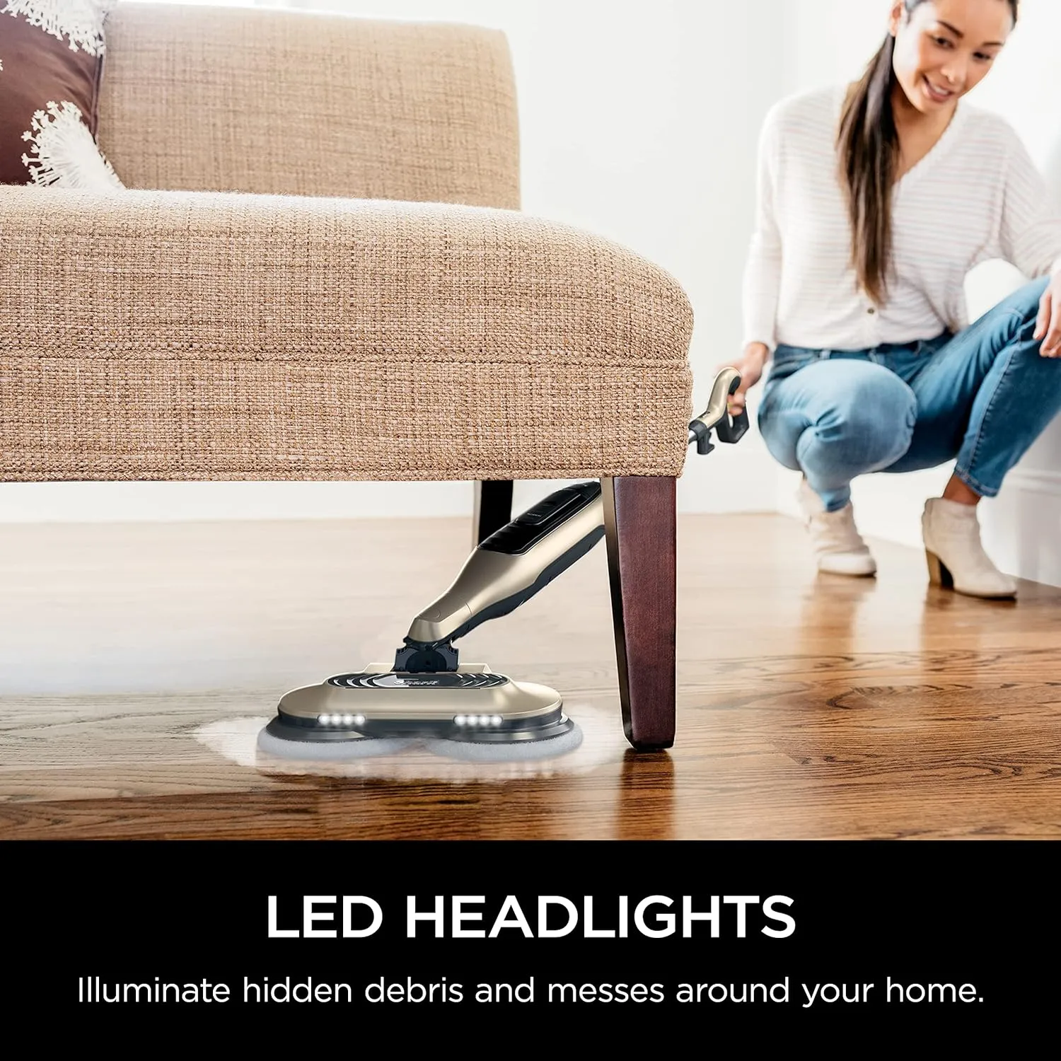 Mop, Scrub \u0026amp; Sanitize at The Same Time, Designed for Hard Floors, with 4 Dirt Grip Soft Scrub Washable Pads, 3 Steam Modes \u0026amp; LED Headlights, Gold - John Pierce Auto Care