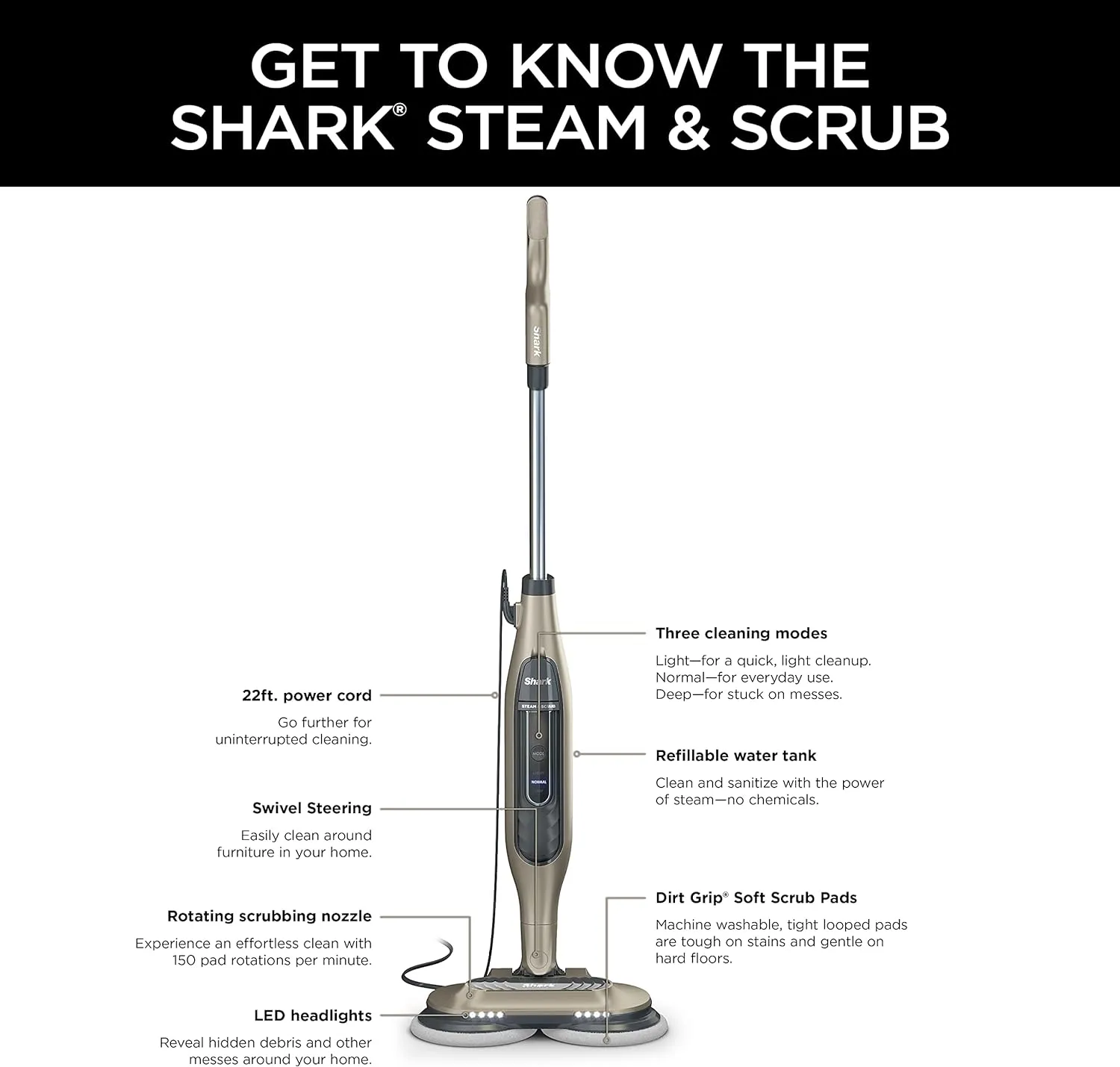 Mop, Scrub \u0026amp; Sanitize at The Same Time, Designed for Hard Floors, with 4 Dirt Grip Soft Scrub Washable Pads, 3 Steam Modes \u0026amp; LED Headlights, Gold - John Pierce Auto Care