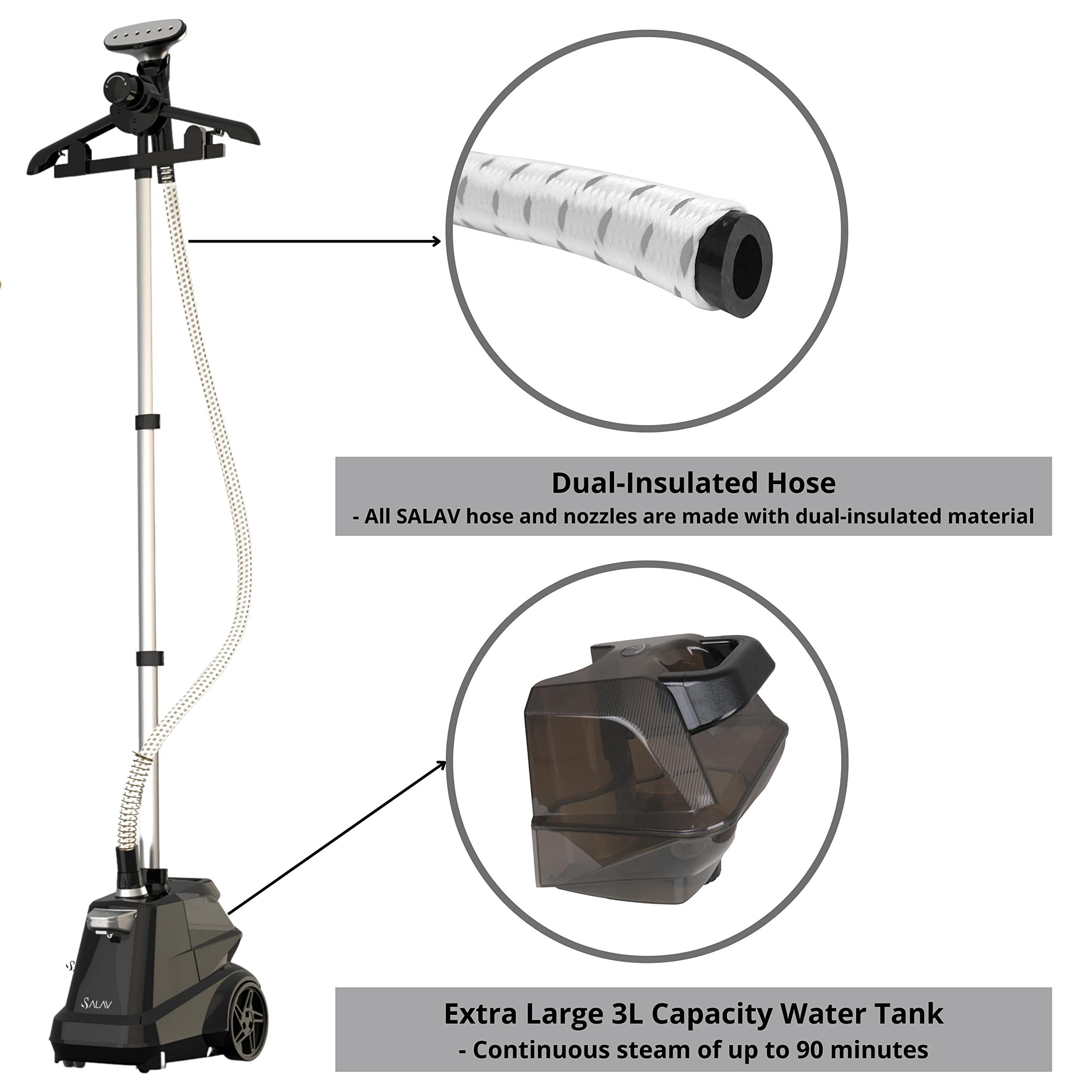 SALAV Commercial Full Size Garment Steamer with Foot Pedals and Extra Large 3L Water Tank - John Pierce Auto Care
