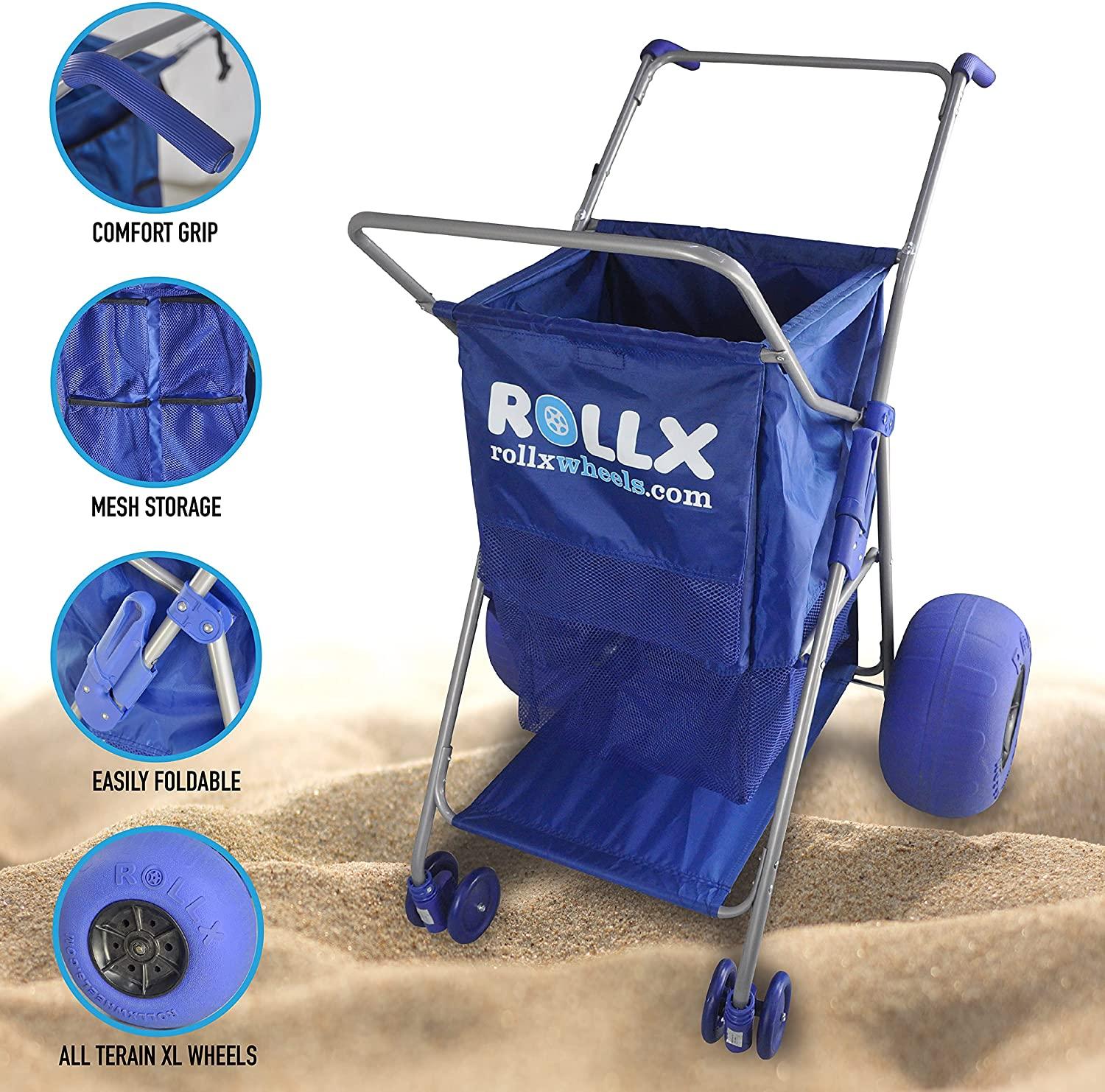 RollX Foldable Storage Wagon Beach Cart 12 inch Balloon Wheels �C ( Pump Included ) (Blue) - John Pierce Auto Care