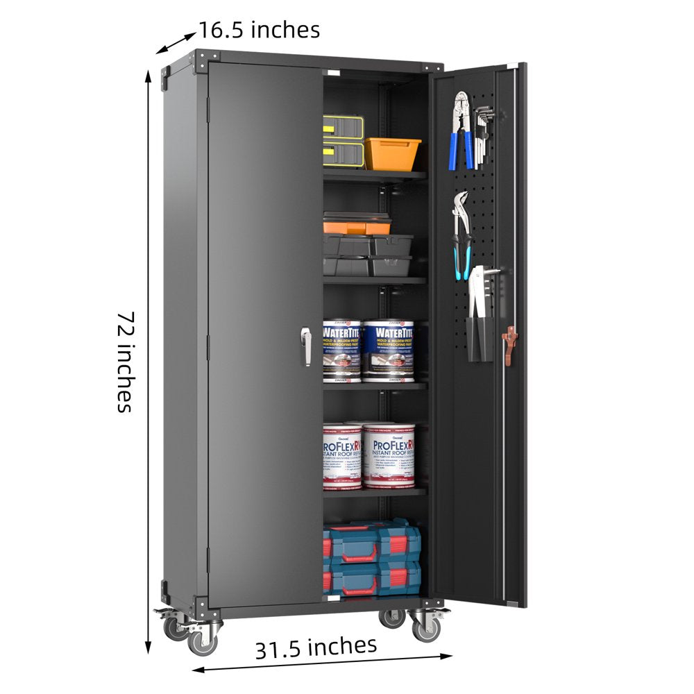 GangMei 72 in Metal Garage Storage Cabinet with Wheels and Pegboard, Black Tall Rolling Tool Cabinet with 4 Adjustable Shelves - John Pierce Auto Care