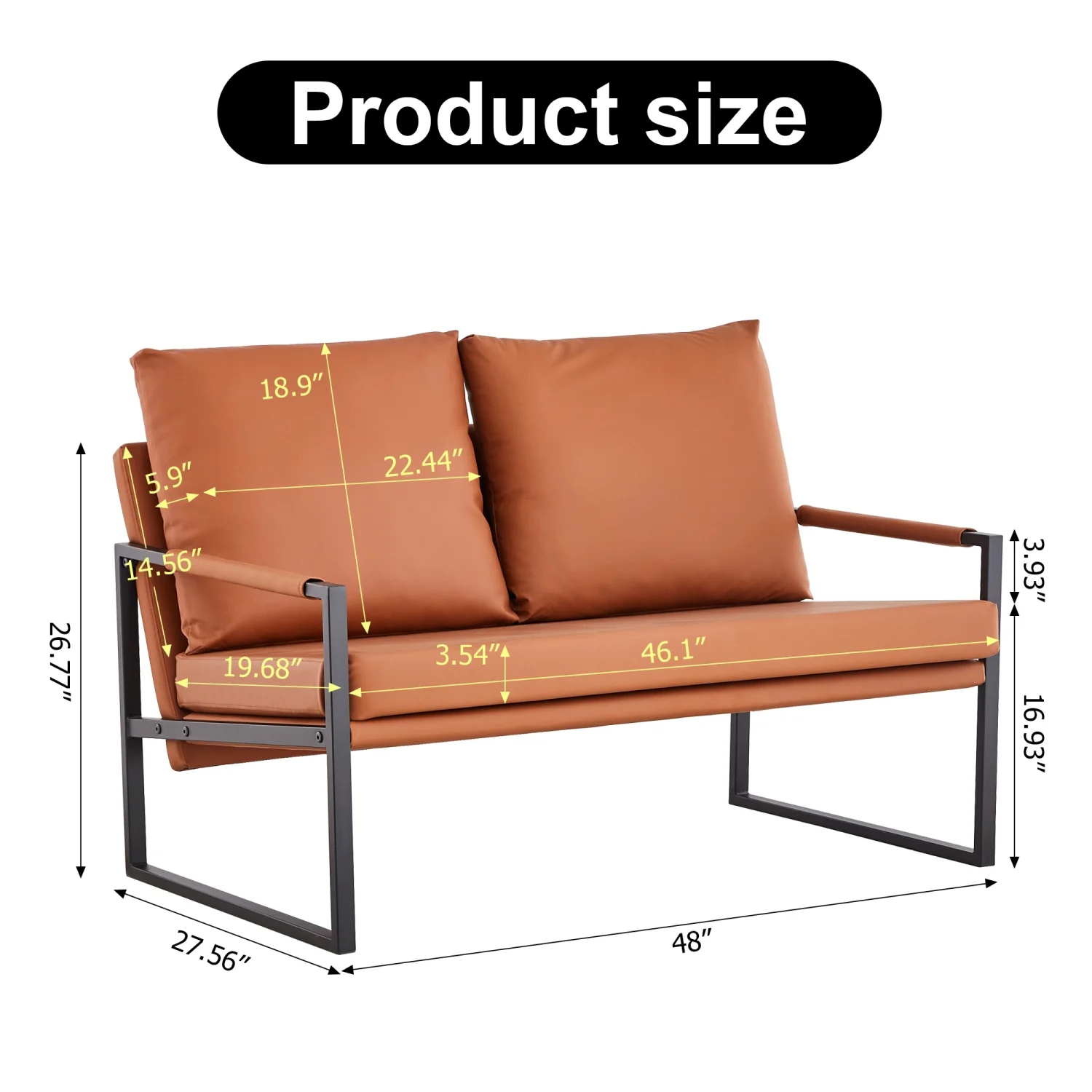 Modern Two Seater Sofa Chair with 2 Pillows   PU Leather High Density Foam Black Coated Metal Frame.Brown SF D008 - John Pierce Auto Care