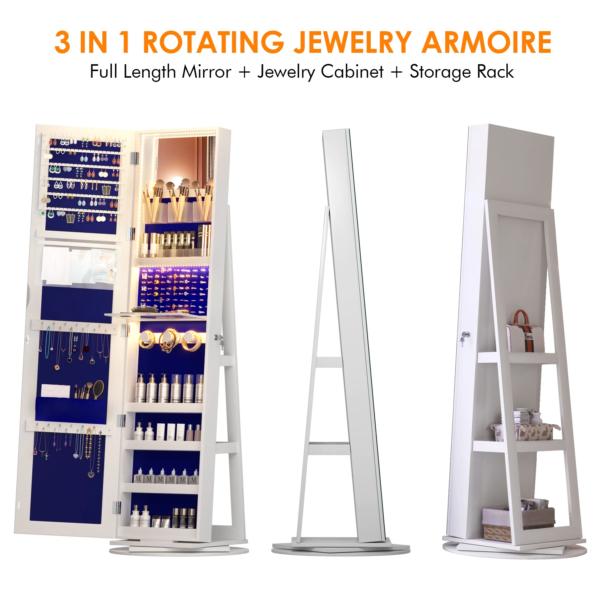 LVSOMT 360�� Rotating LED Jewelry Armoire with Full Length Mirror, Jewelry Cabinet Large Standing Lockable Mirror Jewelry Organizer with Inner Makeup Mirror \u0026amp; Soft Velvet for Living Room Bedroom - John Pierce Auto Care