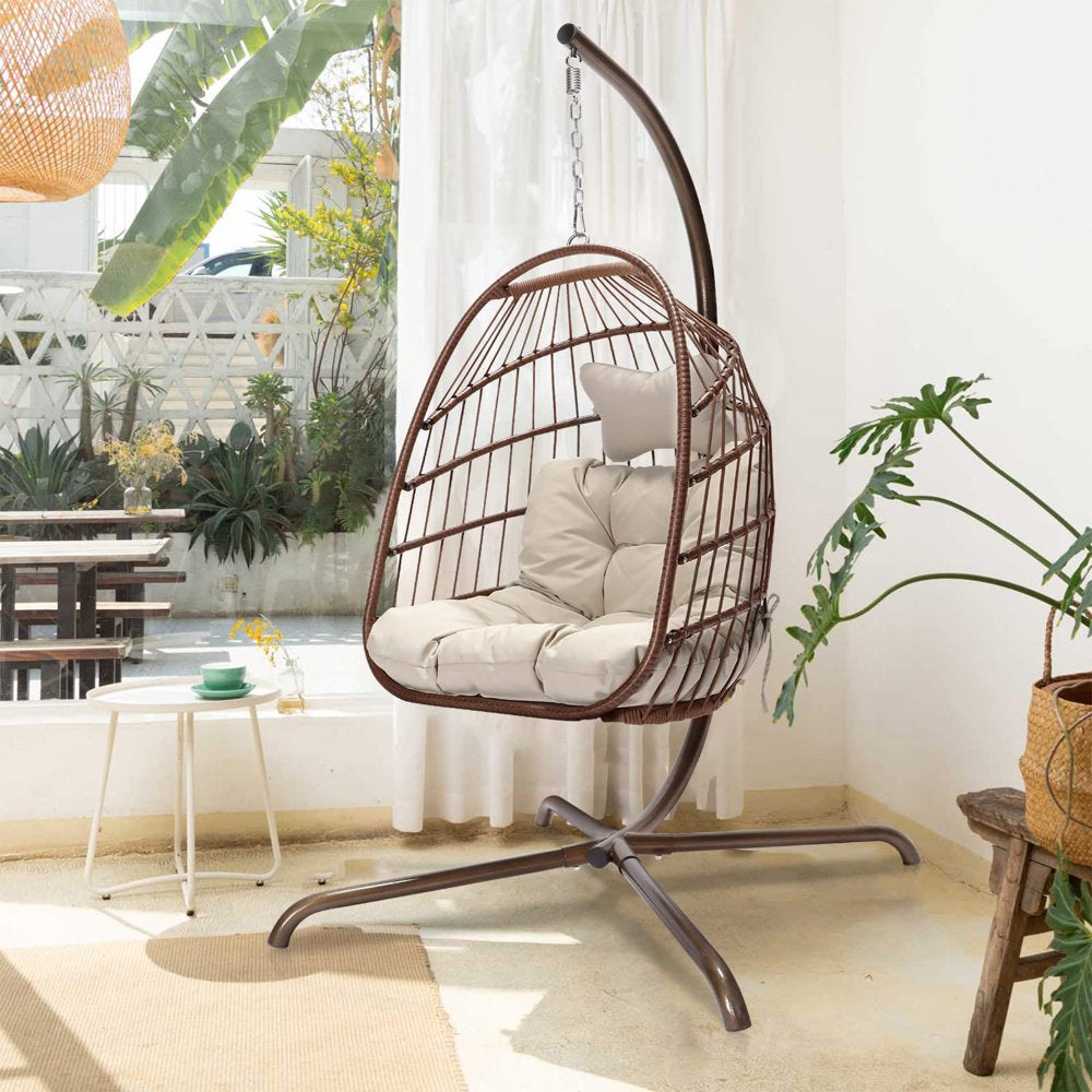 Nicesoul Foldable PE Wicker Brown Hanging Egg Chair With Stand Swing Chair With Cushion and Pillow Capacity 350lbs - John Pierce Auto Care