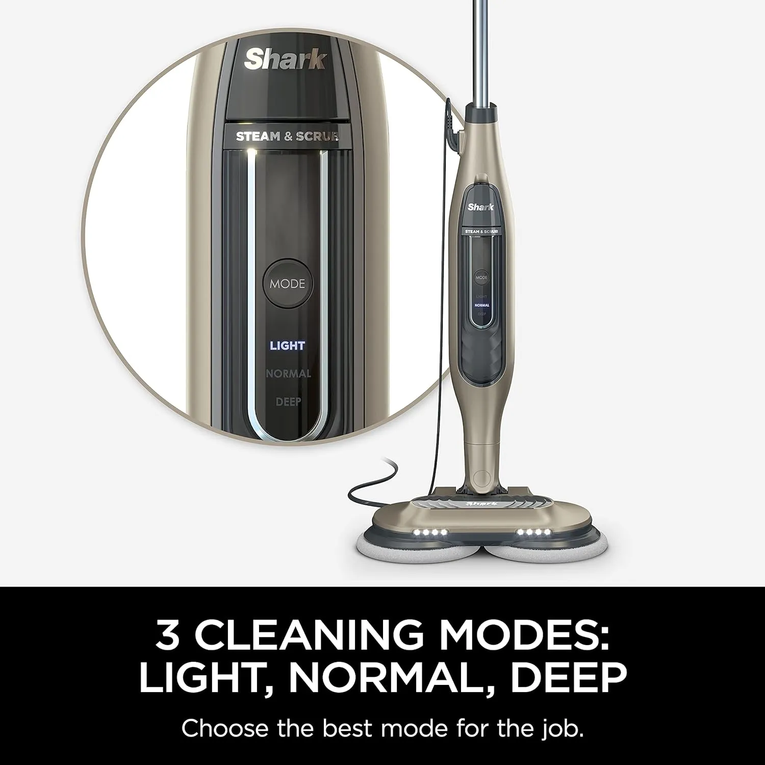 Mop, Scrub \u0026amp; Sanitize at The Same Time, Designed for Hard Floors, with 4 Dirt Grip Soft Scrub Washable Pads, 3 Steam Modes \u0026amp; LED Headlights, Gold - John Pierce Auto Care