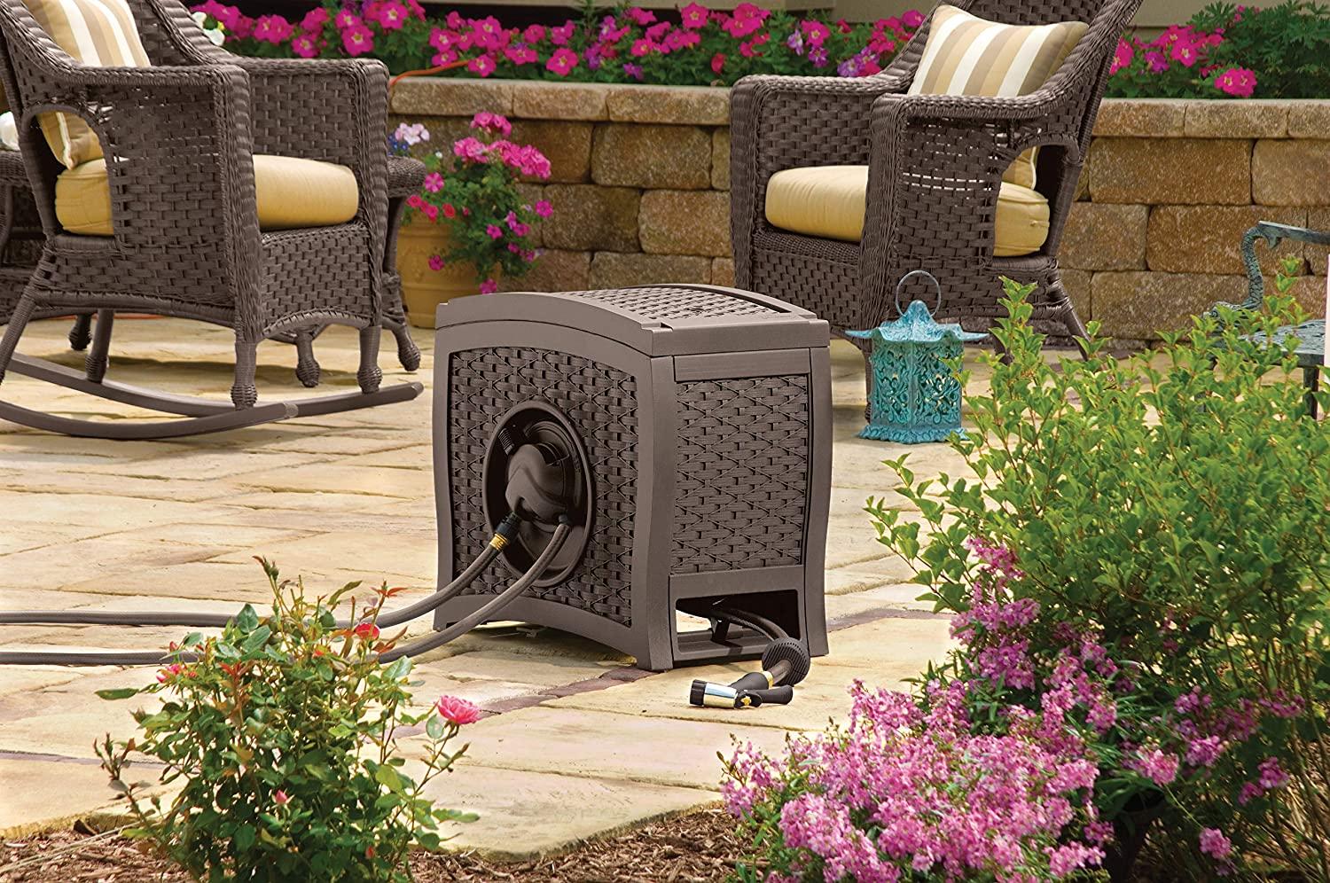 Suncast Aquawinder 125' Wicker Garden Hose Reel – Lightweight Portable Hands-Free Water Powered Retractable Hose Reel – Java - John Pierce Auto Care