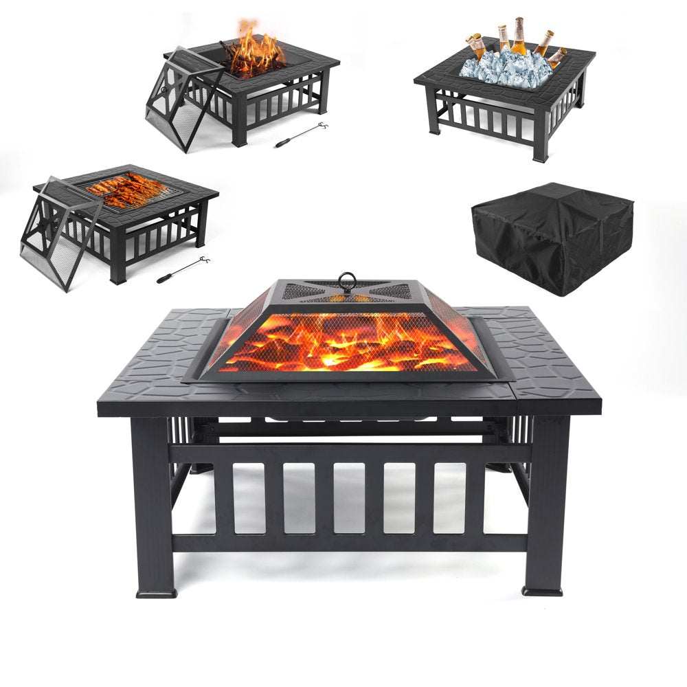 Uhomepro 32\u0026quot; Wood Burning Fire Pit Tables with Screen Lid, Poker, BBQ Net, Ice Tray, Food Clip and Cover - John Pierce Auto Care