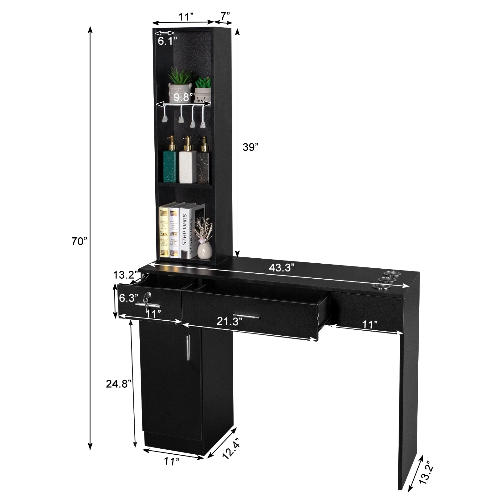 OmySalon Barber Station Wall Mount Salon Hair Styling Beauty Spa Equipment with 2 Drawers, 1 Storage Cabinet, 3 Open Shelves (Black) - John Pierce Auto Care