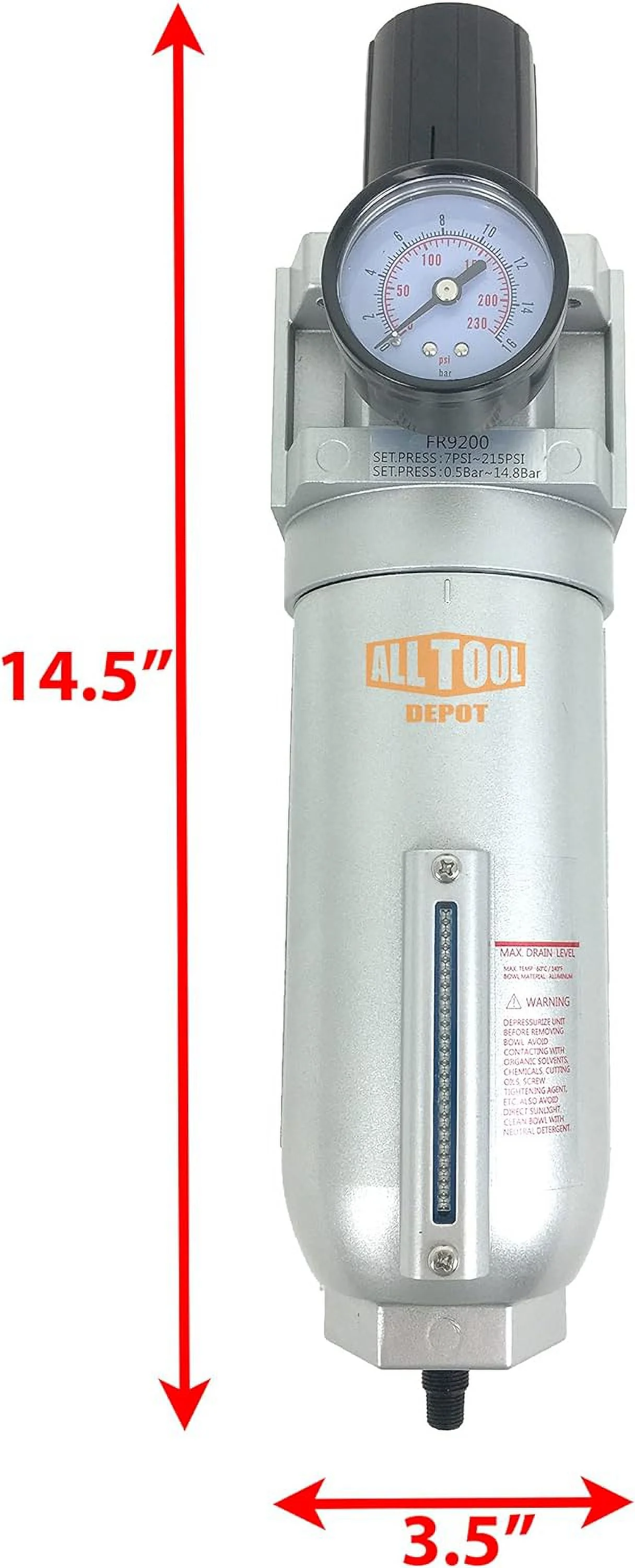 NPT SUPER DUTY Compressed Air In Line Filter Regulator Combo Piggyback, Metal Bowl, 5 Micron , Adjustable From 7 To 175 PSI (AUTO DRAIN) - John Pierce Auto Care