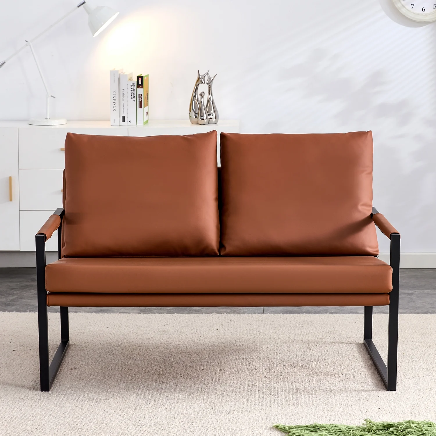 Modern Two Seater Sofa Chair with 2 Pillows   PU Leather High Density Foam Black Coated Metal Frame.Brown SF D008 - John Pierce Auto Care