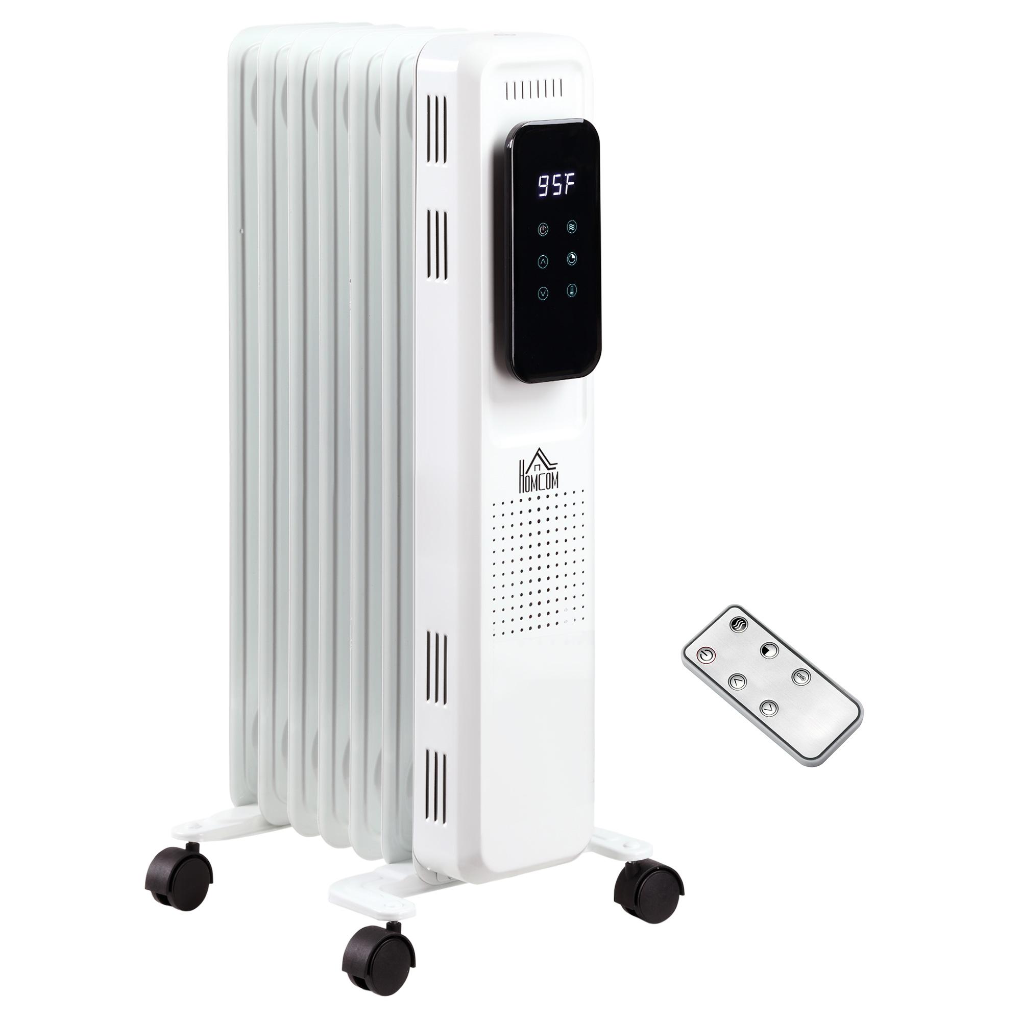 Eccomum 1500W 7 Fin Oil Filled Radiator Electric Space w\/ Remote \u0026amp; Wheels, White - John Pierce Auto Care