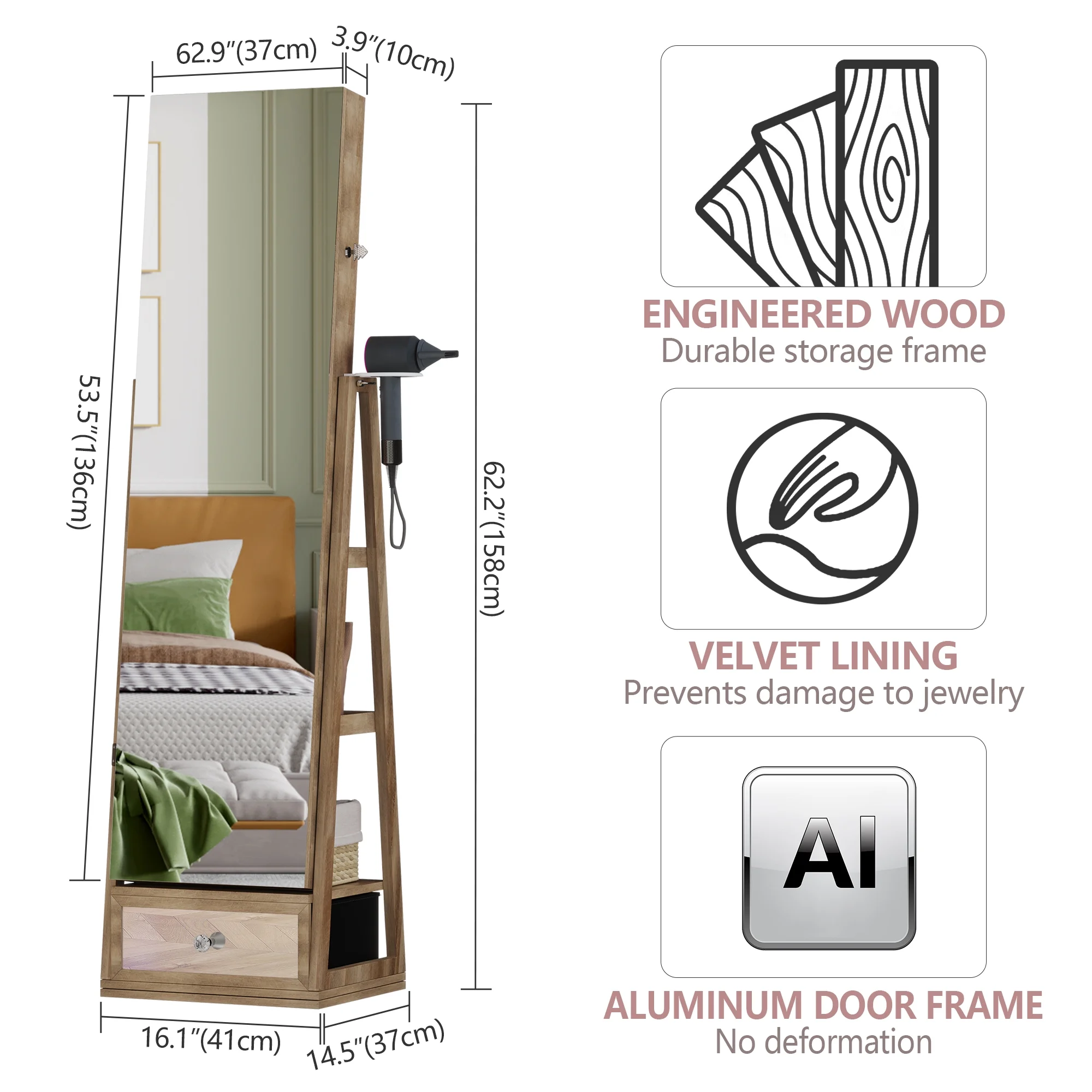 LVSOMT 360 Swivel Jewelry Cabinet with Lights, Standing Rotatable Jewelry Armoire Organizer with Lock, Full Length Mirror with Jewelry Storage, Brown - John Pierce Auto Care