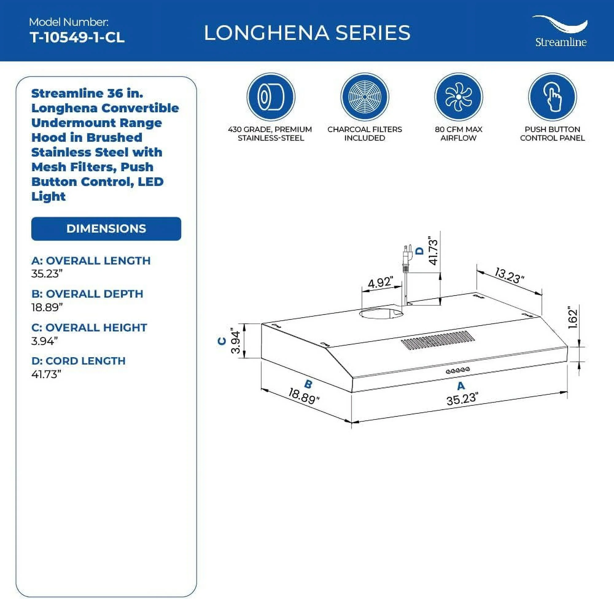 Streamline 36 in. Longhena Convertible Undermount Range Hood in Brushed Stainless Steel with Mesh Filters, Push Button Control, LED Light - John Pierce Auto Care