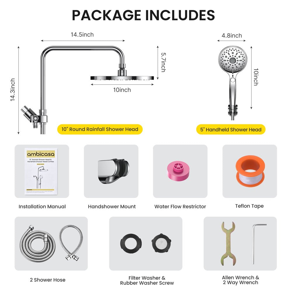 Ambicasa Luxury Dual Showerhead Combo, 10\u0026quot; Rainfall Shower Head \u0026amp; 5\u0026quot; Handheld High Pressure Shower Head - John Pierce Auto Care