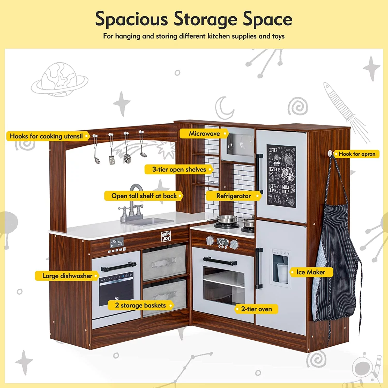 BRINJOY Corner Play Kitchen for Kids, Wooden Toddler Kitchen Playset w\/ Faucet, Sink, Microwave, Oven, Apron, Blackboard, Storage Cabinets, Pretend Cooking Toys w\/ Sound \u0026amp; Light Gift for Ages 3 - John Pierce Auto Care