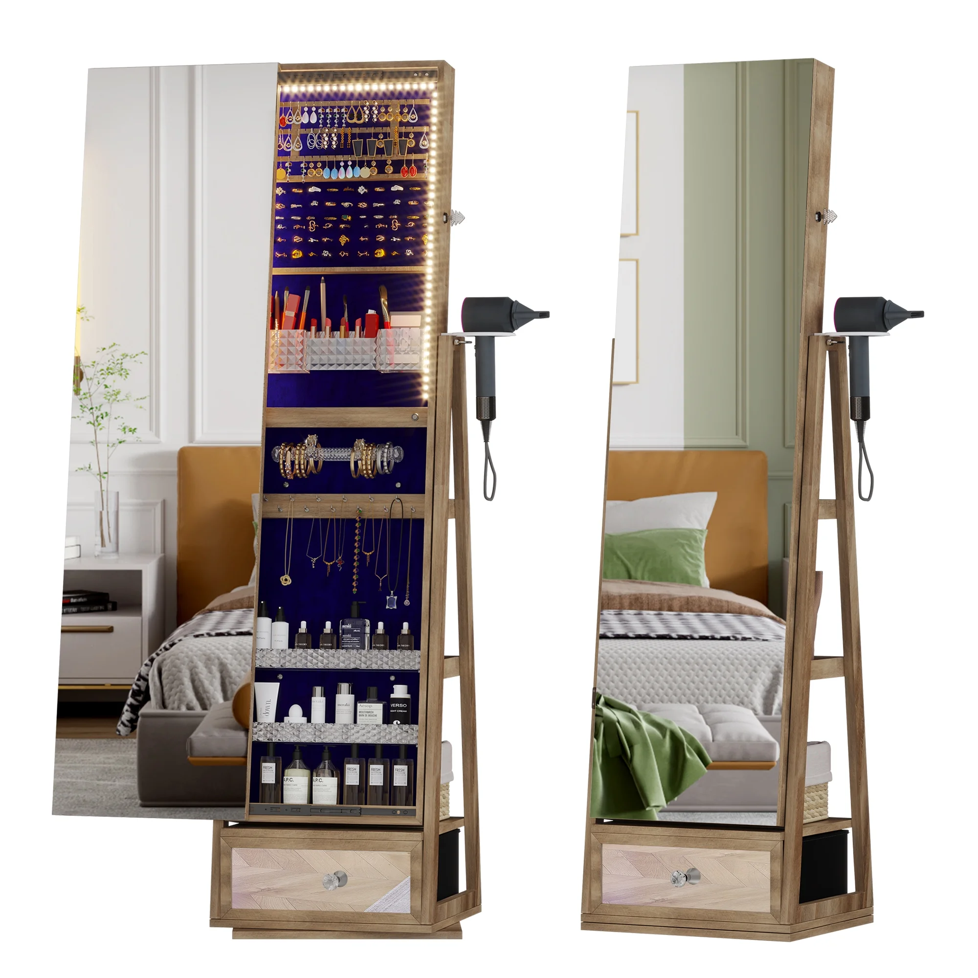 LVSOMT 360 Swivel Jewelry Cabinet with Lights, Standing Rotatable Jewelry Armoire Organizer with Lock, Full Length Mirror with Jewelry Storage, Brown - John Pierce Auto Care