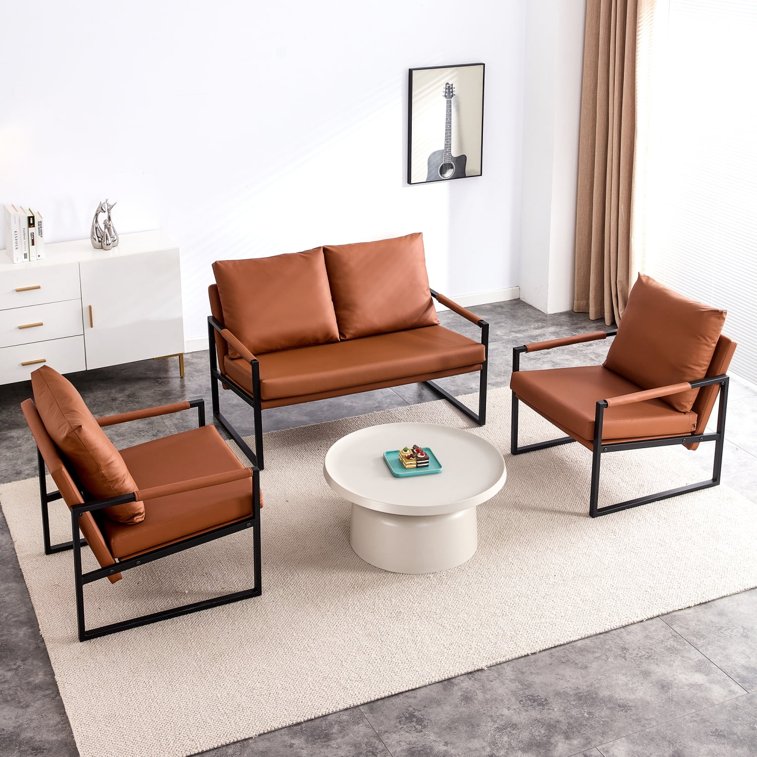 Modern Two Seater Sofa Chair with 2 Pillows   PU Leather High Density Foam Black Coated Metal Frame.Brown SF D008 - John Pierce Auto Care