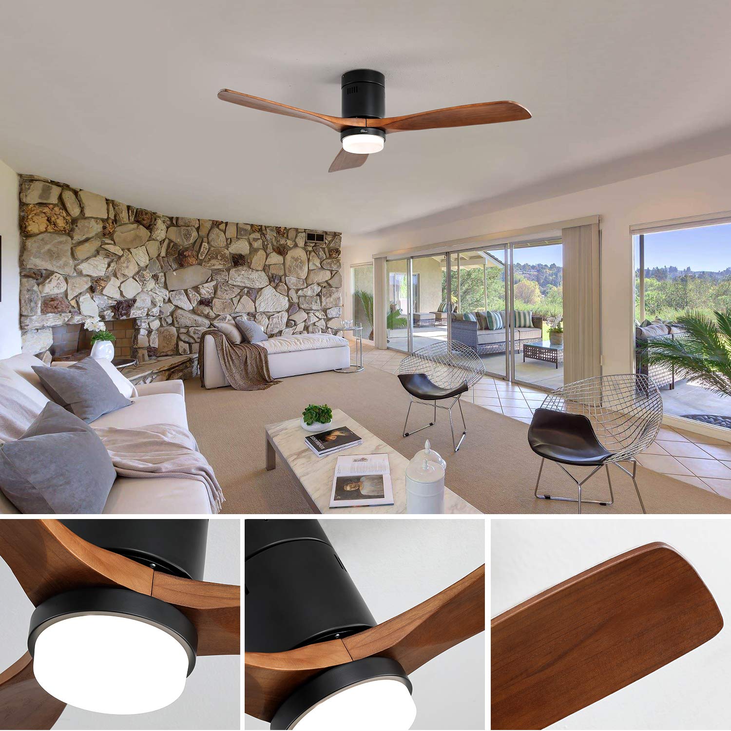 Sofucor 52 Inch Low Profile Ceiling Fan 3 Carved Wood Fan Blade Noiseless - John Pierce Auto Care