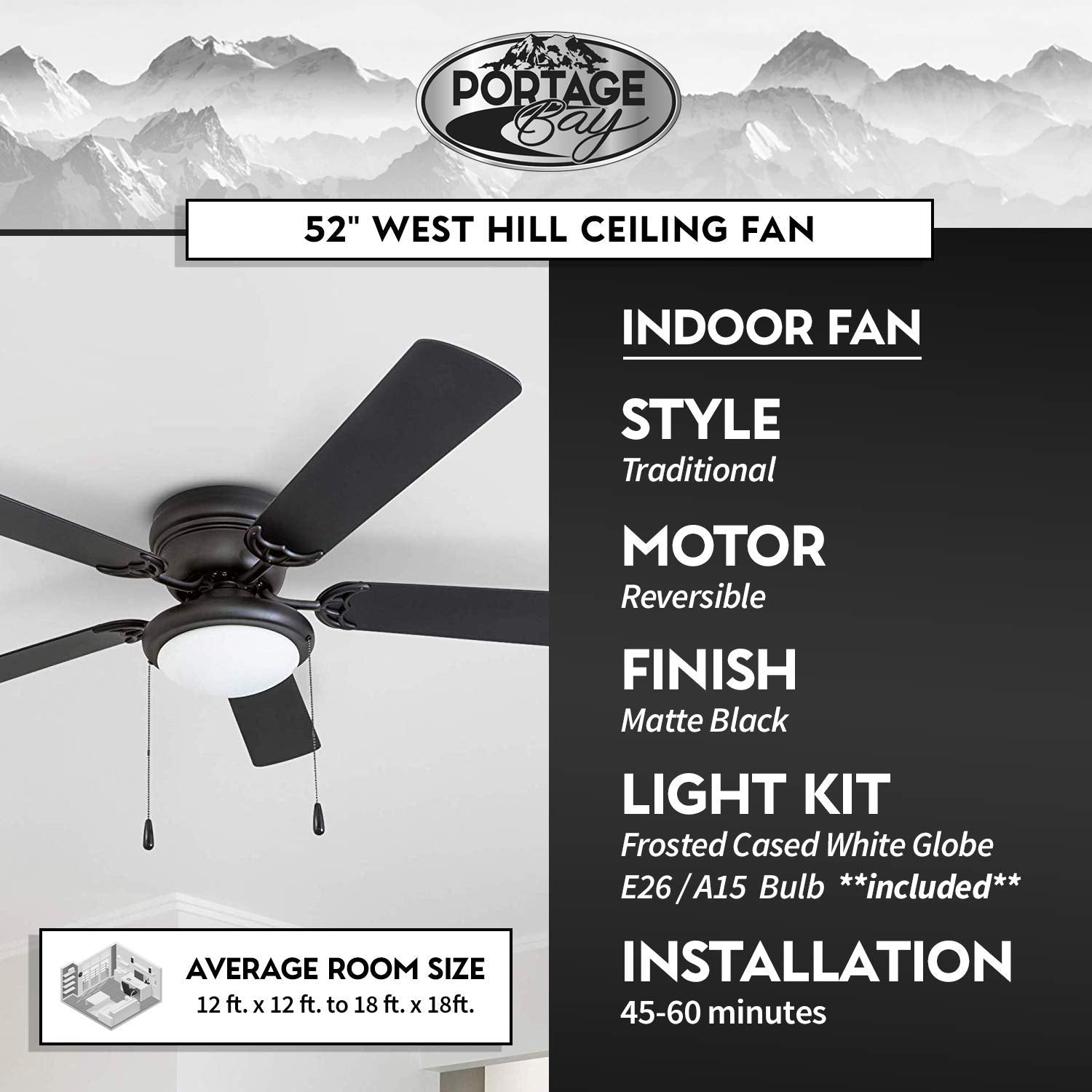 Portage Bay Hugger 52\u0026quot; Matte Black West Hill Ceiling Fan with Bowl Light Kit - John Pierce Auto Care