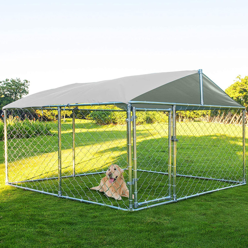 Best Outdoor Metal Dog Kennel Run House with Water Resistant Cover Roof Cage,Silver - John Pierce Auto Care