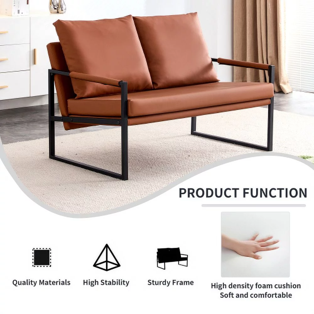 GVJMTKP Modern Two Seater Sofa Chair with 2 Pillows   PU Leather High Density Foam Black Coated Metal Frame.BrownSF D008 BR - John Pierce Auto Care