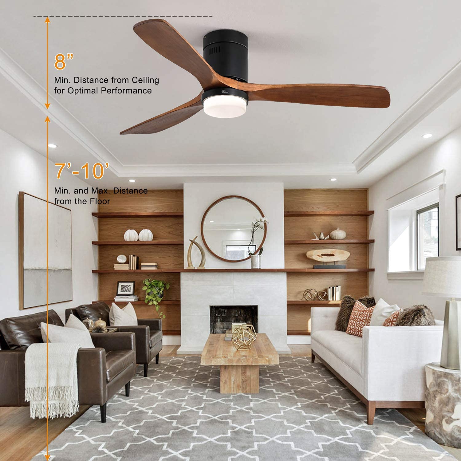 Sofucor 52 Inch Low Profile Ceiling Fan 3 Carved Wood Fan Blade Noiseless - John Pierce Auto Care
