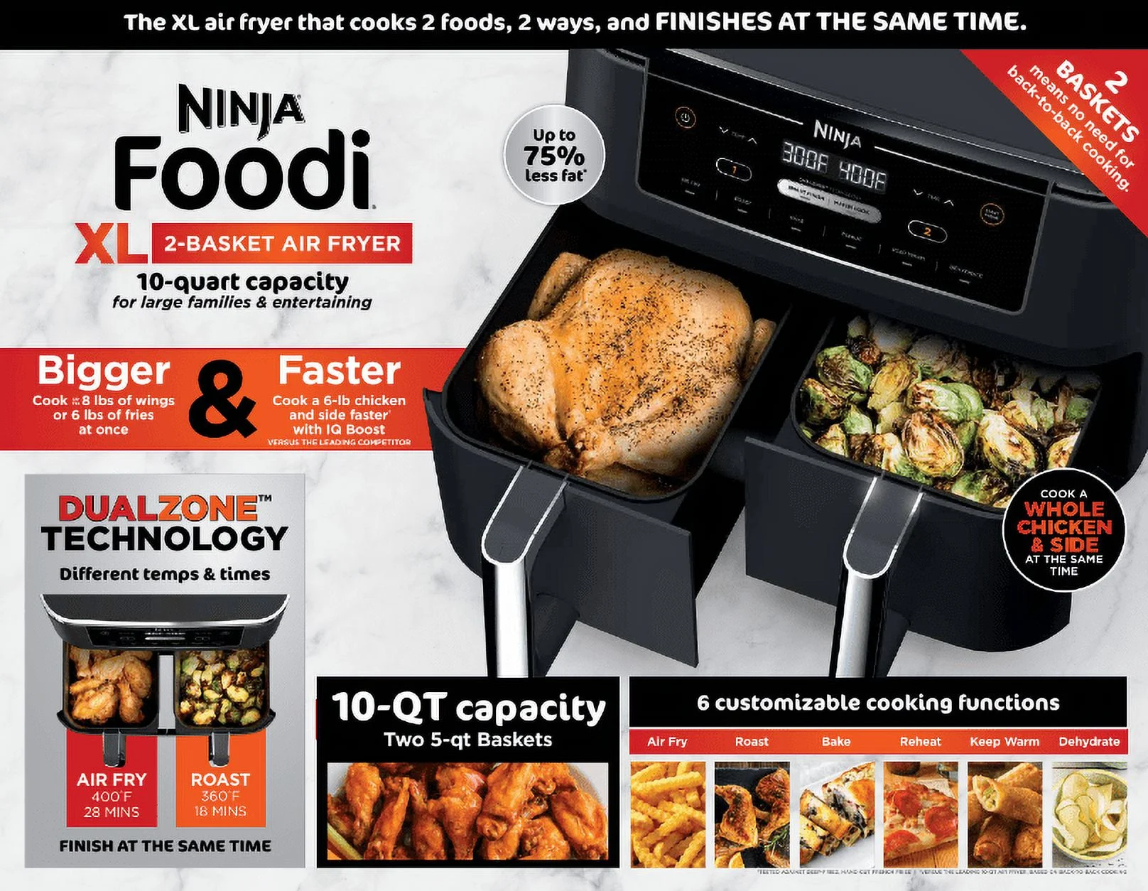 Ninja Foodi DZ300W 10-Quart 6-in-1 DualZone 2-Basket Air Fryer - John Pierce Auto Care