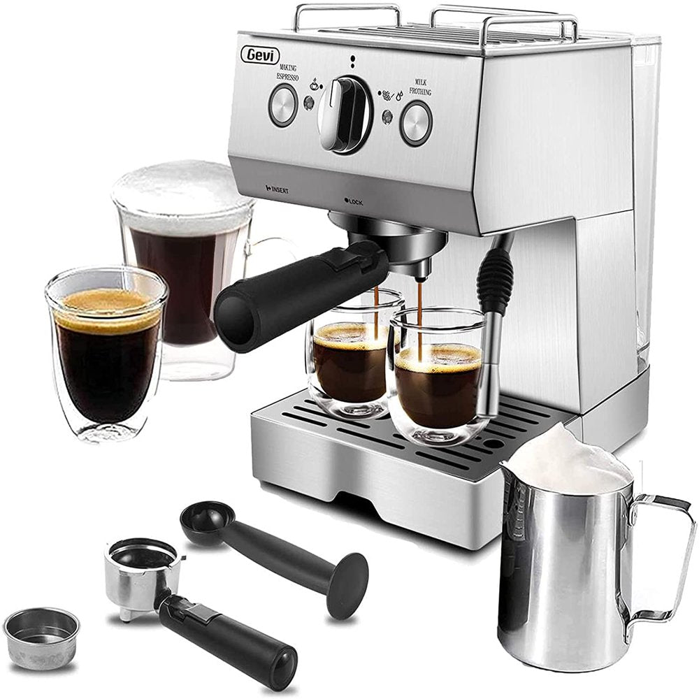 GEVI Silver Stainless Steel 15 Bar Espresso Machine 2 Shot Pump Cappuccino Maker - John Pierce Auto Care