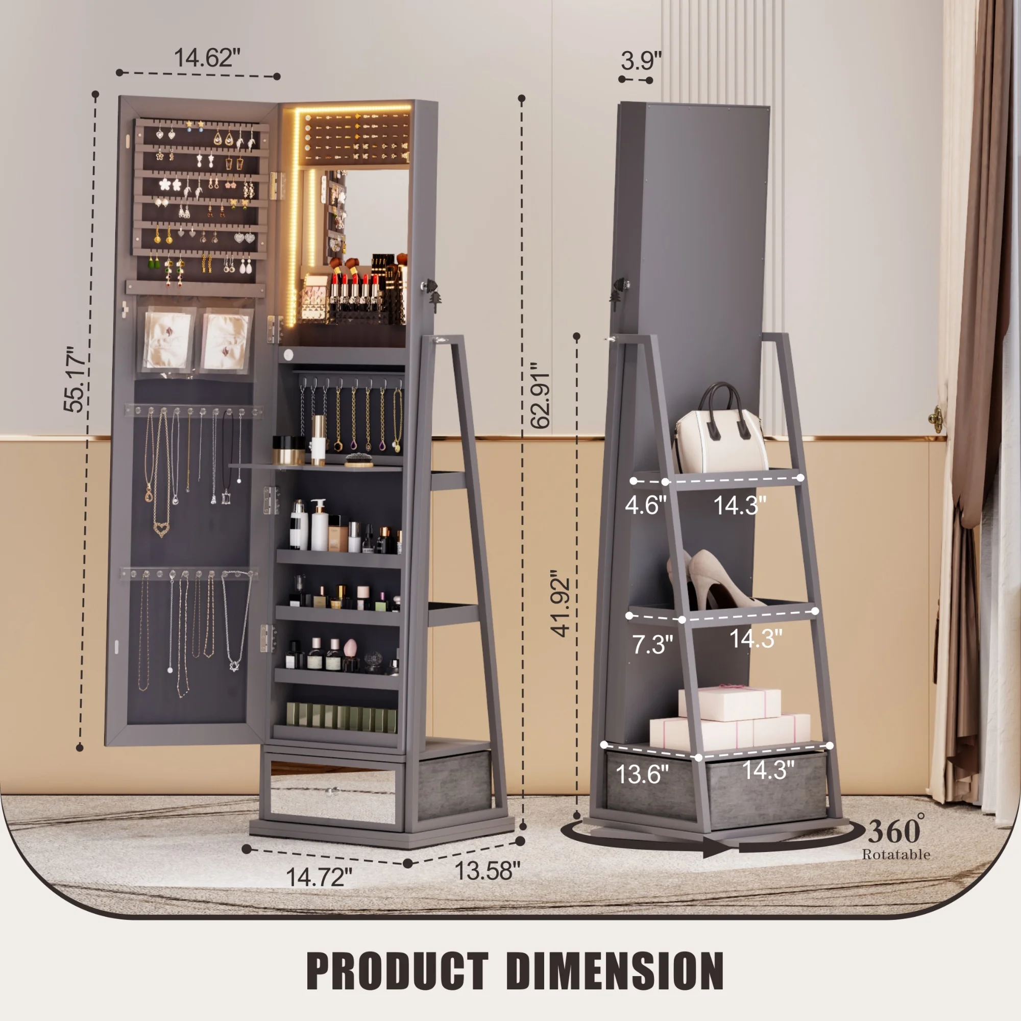 FREDEES Standing Jewelry Cabinet with Mirror and Lights, Wooden Jewelry Armoire Organizer with Full Length Mirror for Women, Grey - John Pierce Auto Care