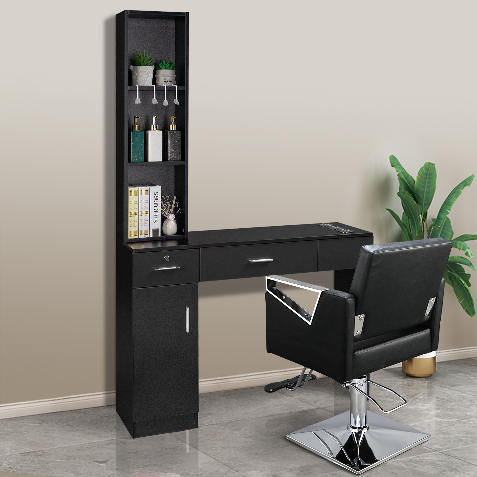 OmySalon Barber Station Wall Mount Salon Hair Styling Beauty Spa Equipment with 2 Drawers, 1 Storage Cabinet, 3 Open Shelves (Black) - John Pierce Auto Care