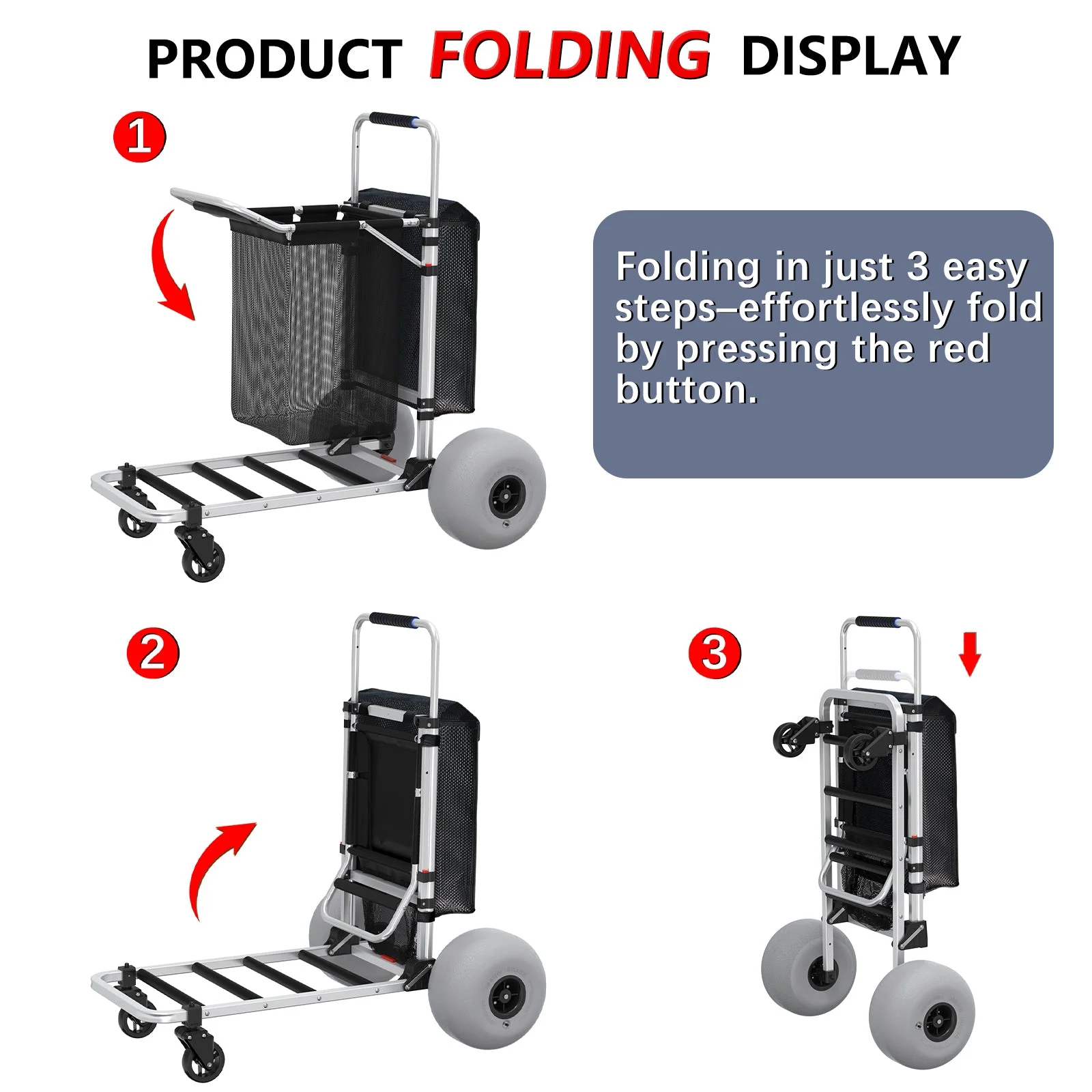 GDLF Foldable Beach Cart with Adjustable Handle and 12\u0026quot; Balloon Wheels, Heavy Duty Aluminum 220LBS Capacity - John Pierce Auto Care