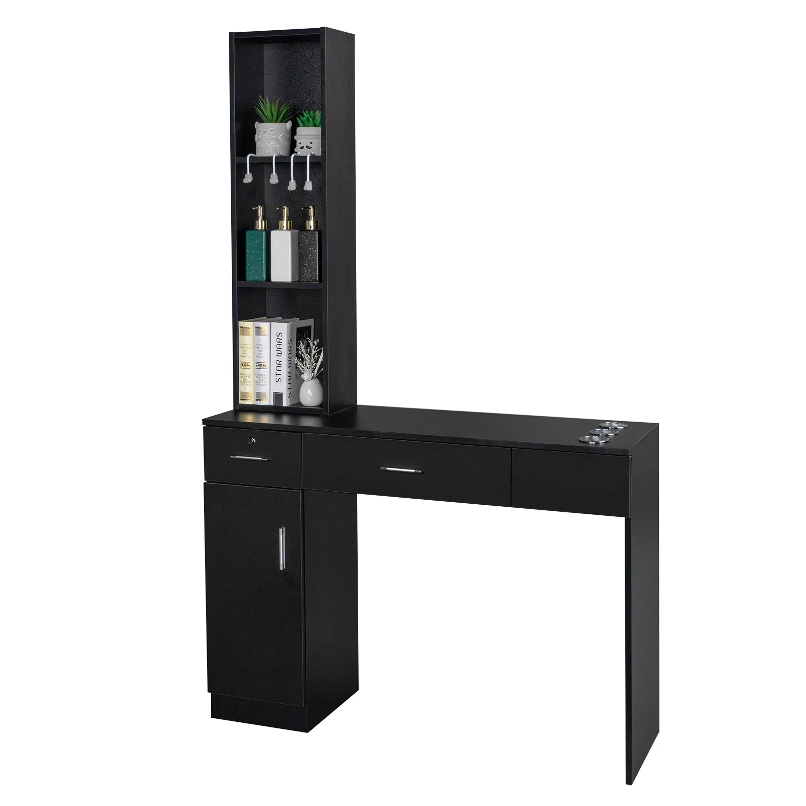 OmySalon Barber Station Wall Mount Salon Hair Styling Beauty Spa Equipment with 2 Drawers, 1 Storage Cabinet, 3 Open Shelves (Black) - John Pierce Auto Care