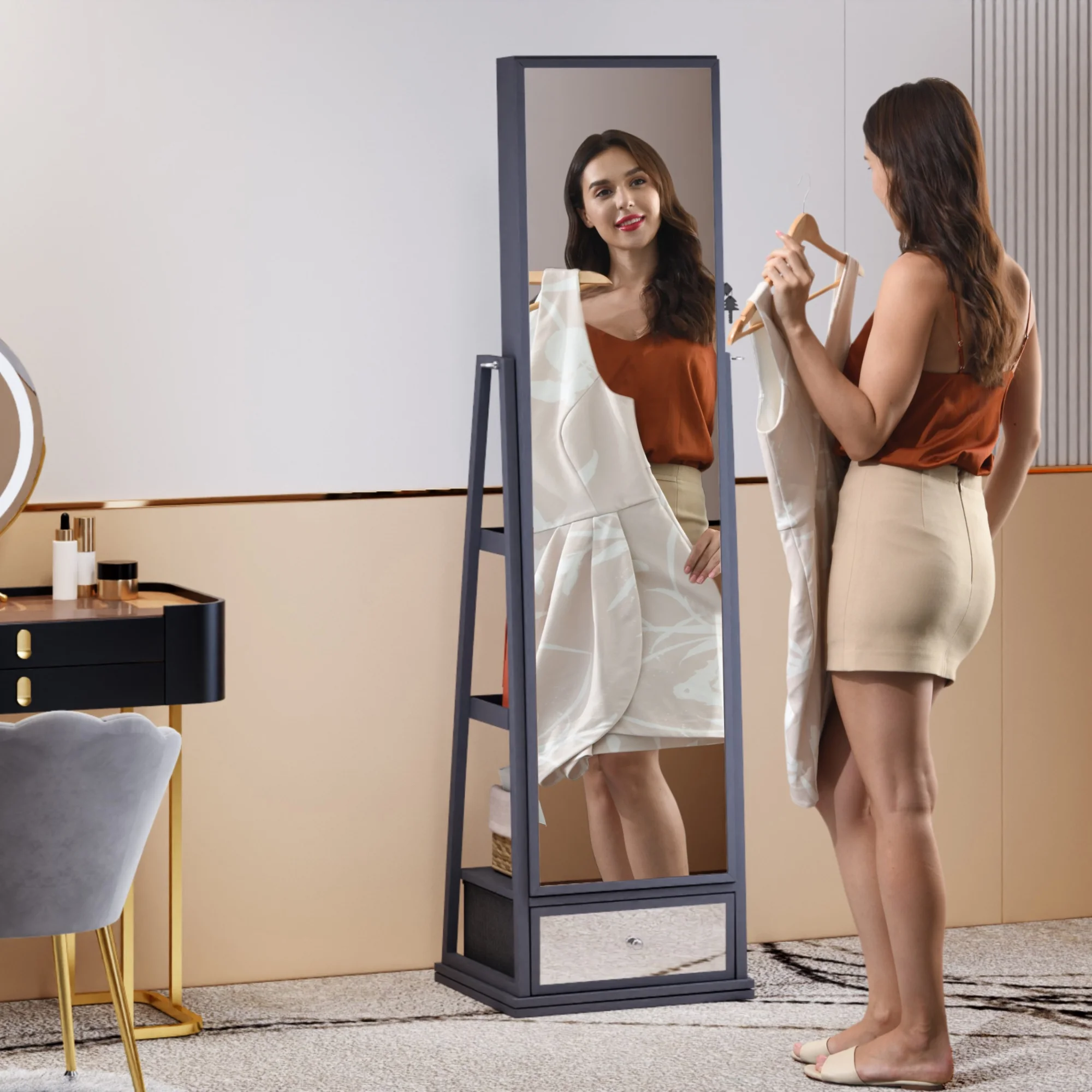 FREDEES Standing Jewelry Cabinet with Mirror and Lights, Wooden Jewelry Armoire Organizer with Full Length Mirror for Women, Grey - John Pierce Auto Care