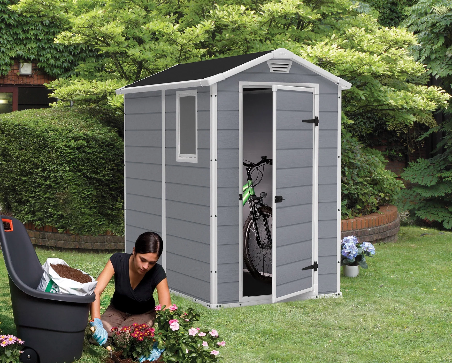 Keter Manor 4x6 Durable Resin Outdoor Storage Shed, Gray/White - John Pierce Auto Care