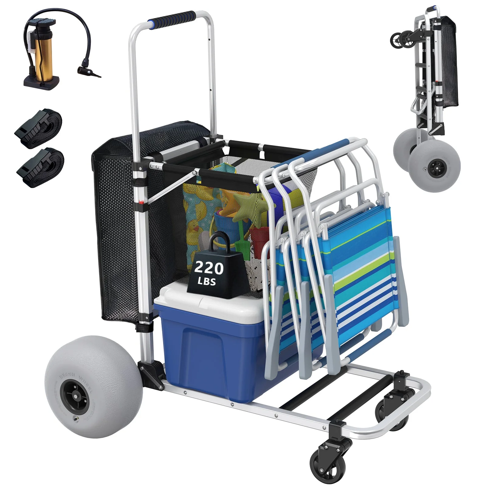 GDLF Foldable Beach Cart with Adjustable Handle and 12\u0026quot; Balloon Wheels, Heavy Duty Aluminum 220LBS Capacity - John Pierce Auto Care
