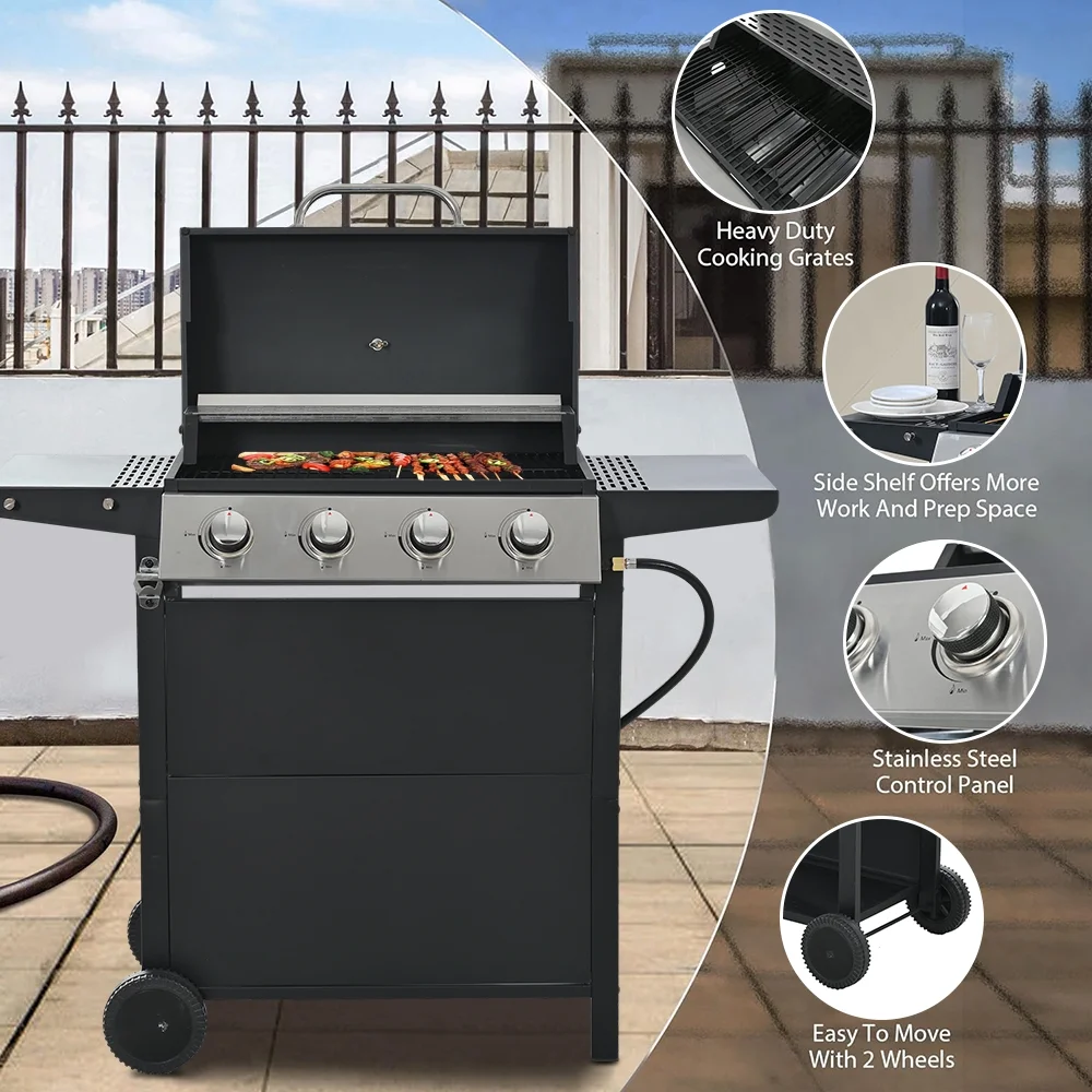 SEGMART 4 Burner BBQ Propane Gas Grill, Stainless Steel 34,200 BTU Patio Garden Barbecue Grill with Two Foldable Shelves \u0026amp; Thermometer, Perfect for Camping, Outdoor Cooking - John Pierce Auto Care