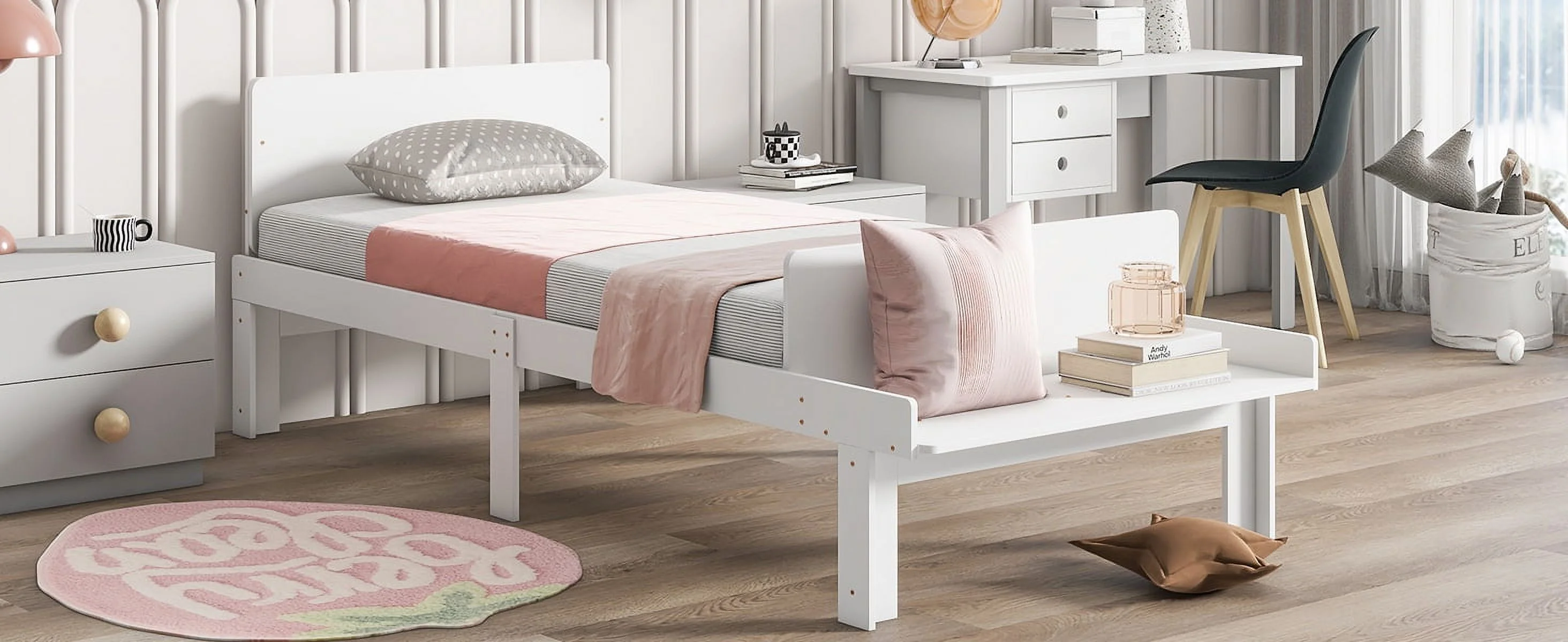 Create a chic and cozy bedroom look with this stylish and elegant white twin bed featuring a footboard bench for added comfort   perfect for enhancing the style and comfort of your bedroo - John Pierce Auto Care