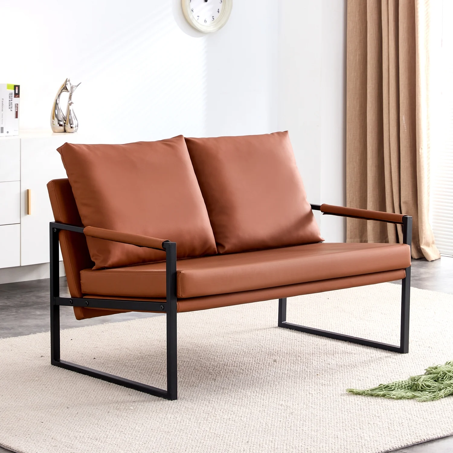 Modern Two Seater Sofa Chair with 2 Pillows   PU Leather High Density Foam Black Coated Metal Frame.Brown SF D008 - John Pierce Auto Care