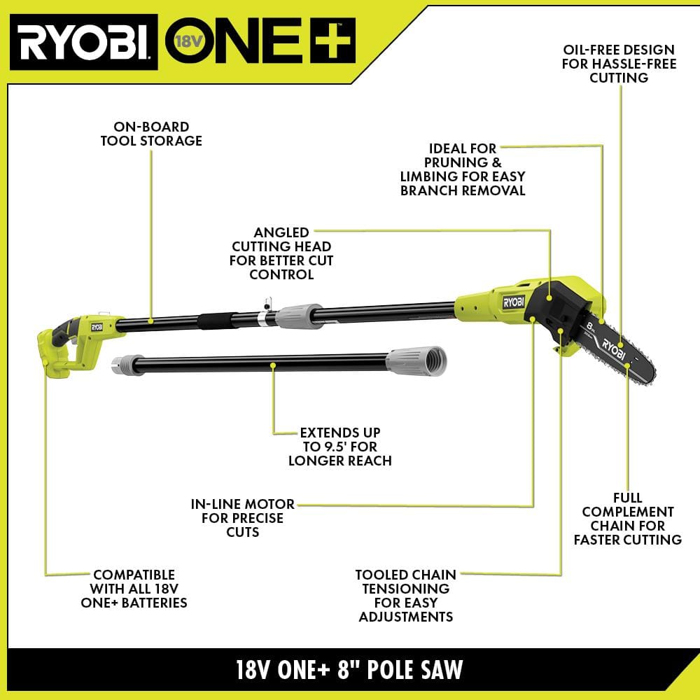 Ryobi 18V 8-inch Cordless Pole Saw & Pruning Saw - John Pierce Auto Care