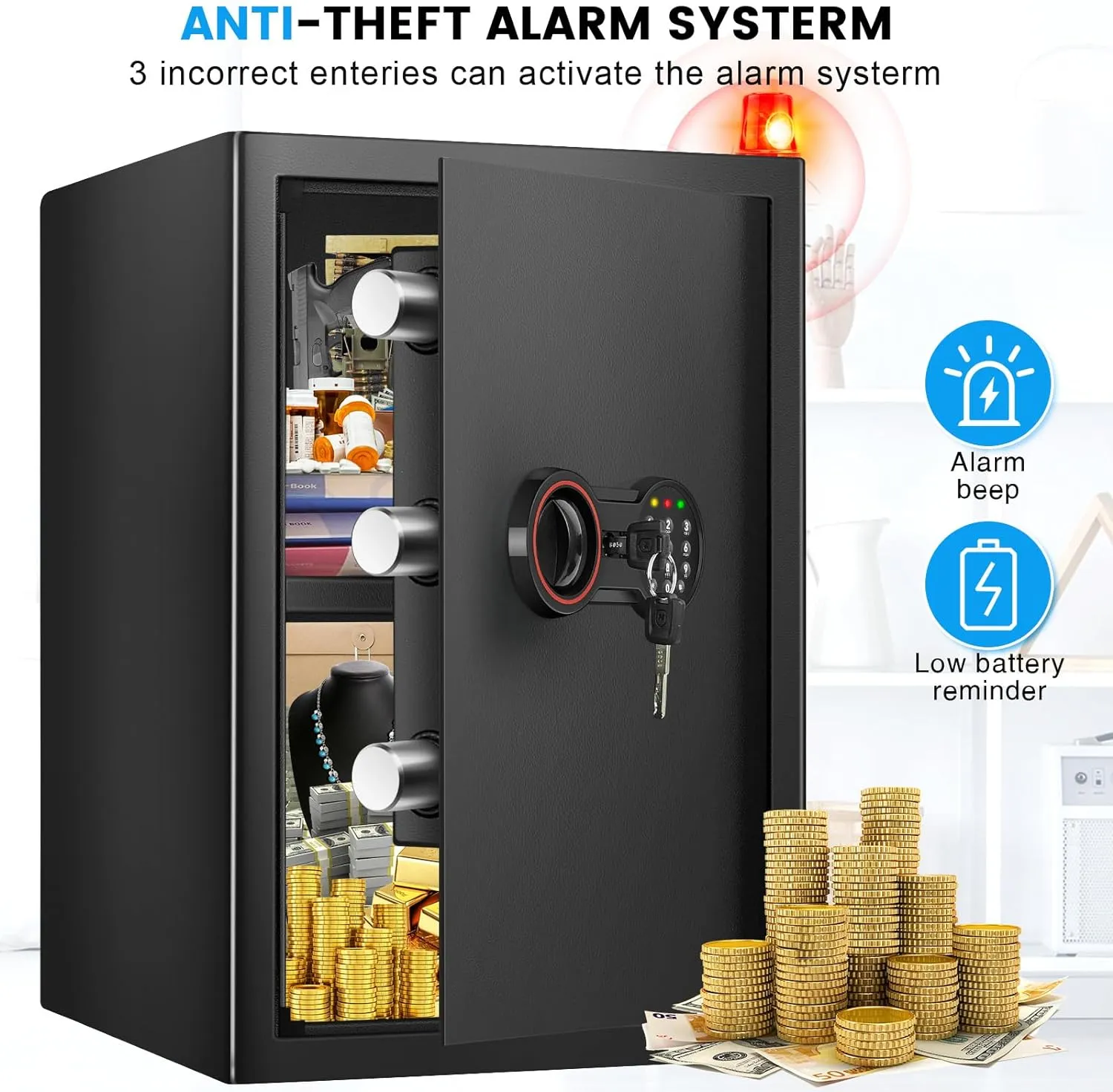 3.8 Cub Large safe is fireproof and waterproof, burglar proof and fireproof safe, with numeric keypad, spare key and 2 removable shelves - John Pierce Auto Care