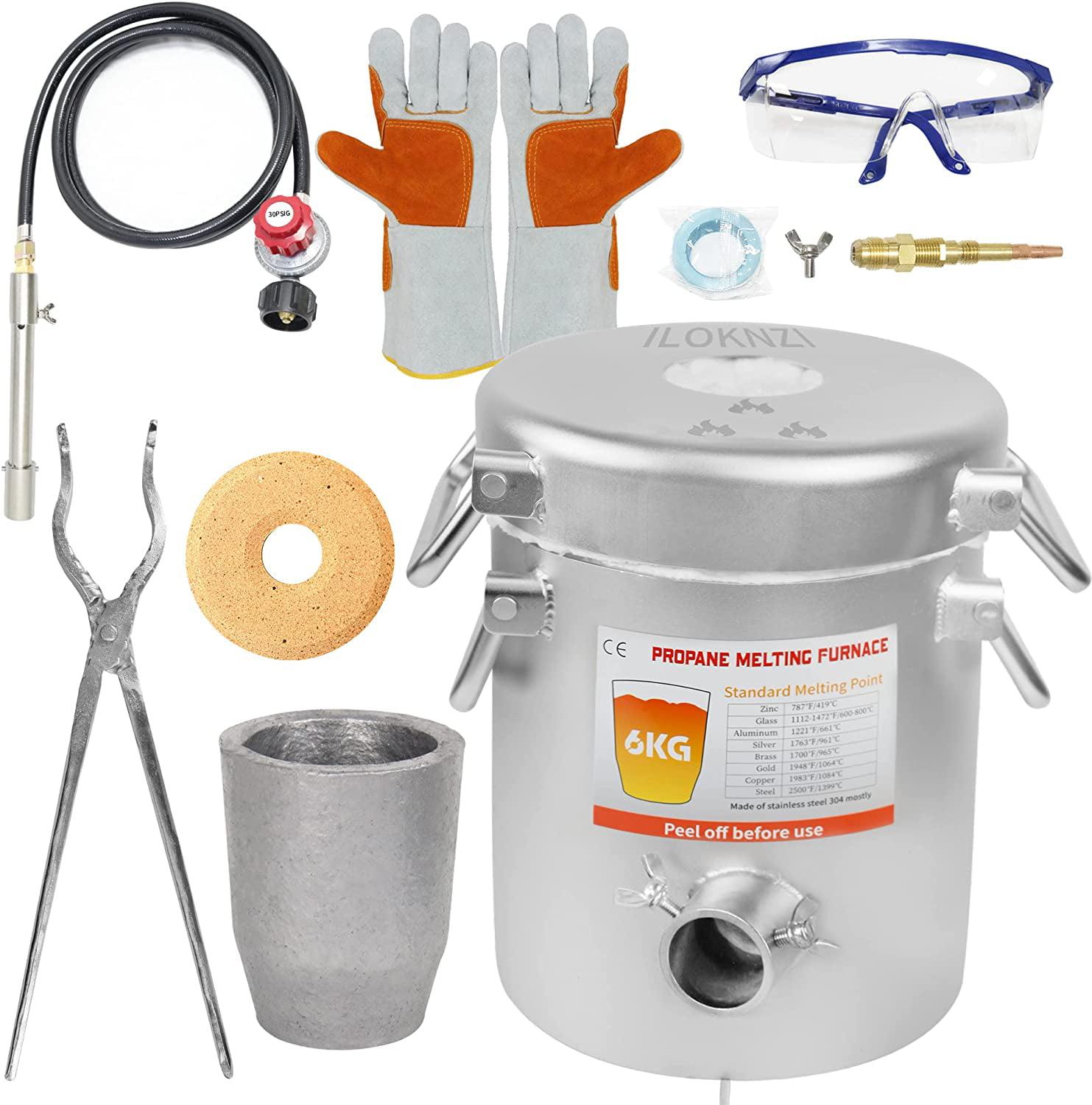 Propane Melting Furnace Kits, 6kg(13LB) Graphite Crucible, Up to 2372��F, Made of Steel Barrel, Smelt Metal,with Goggles and High Temperature Gloves - John Pierce Auto Care