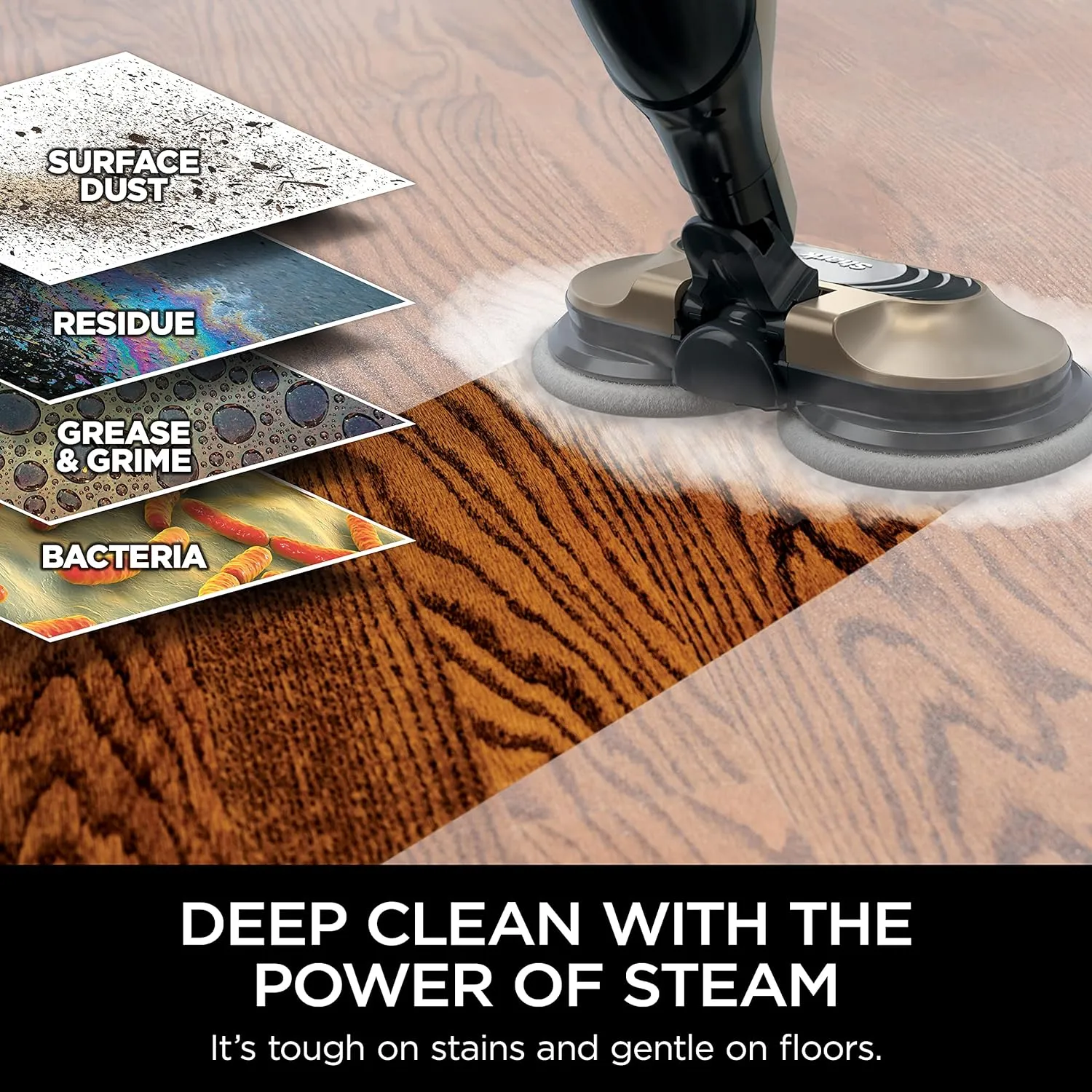 Mop, Scrub \u0026amp; Sanitize at The Same Time, Designed for Hard Floors, with 4 Dirt Grip Soft Scrub Washable Pads, 3 Steam Modes \u0026amp; LED Headlights, Gold - John Pierce Auto Care