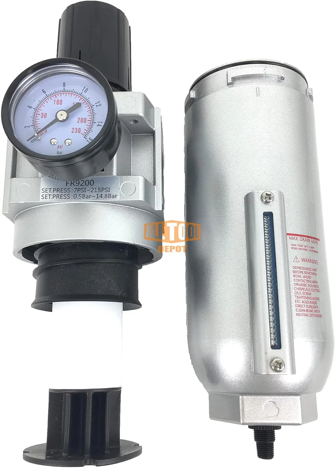 NPT SUPER DUTY Compressed Air In Line Filter Regulator Combo Piggyback, Metal Bowl, 5 Micron , Adjustable From 7 To 175 PSI (AUTO DRAIN) - John Pierce Auto Care