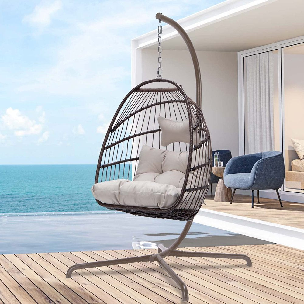 Nicesoul Foldable PE Wicker Brown Hanging Egg Chair With Stand Swing Chair With Cushion and Pillow Capacity 350lbs - John Pierce Auto Care