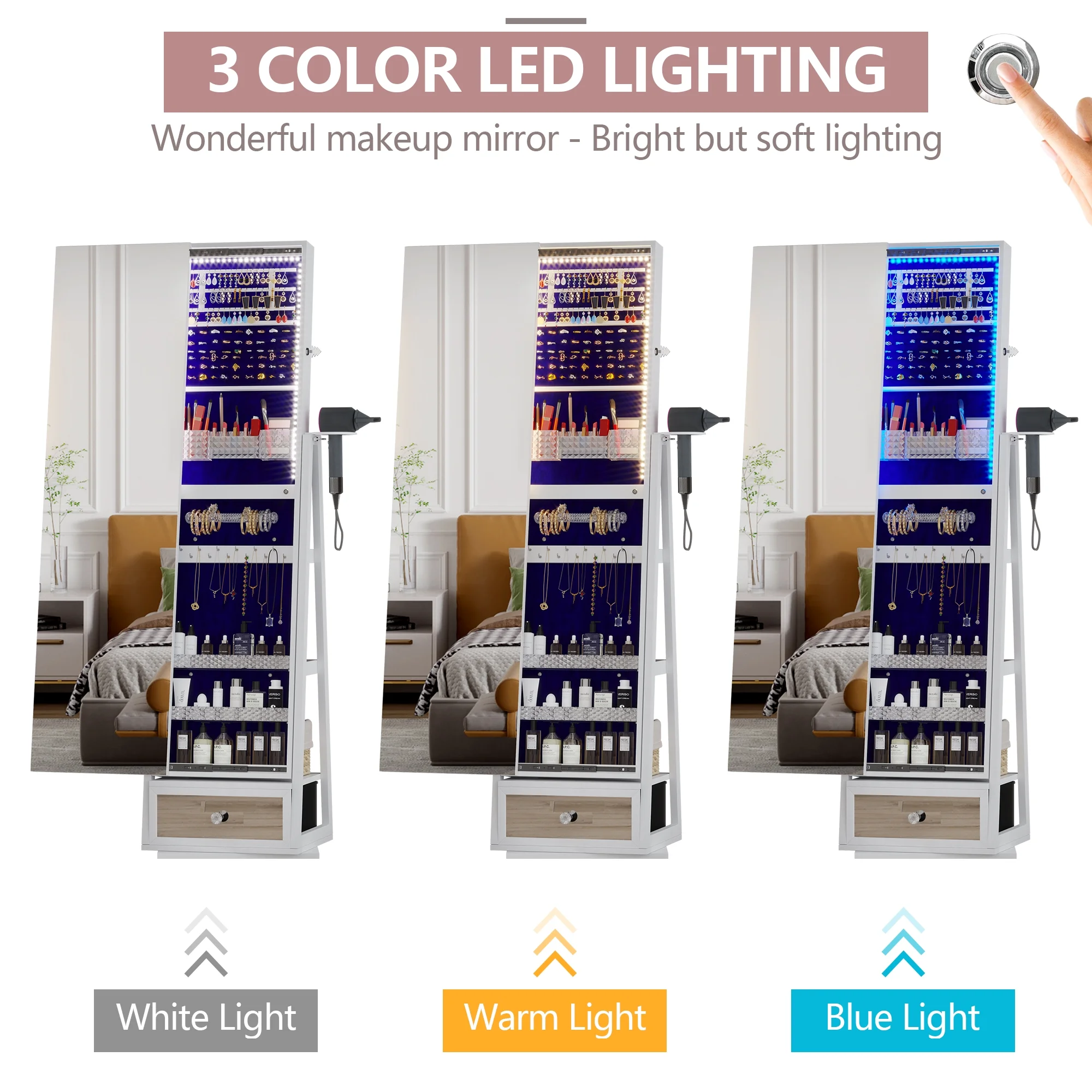 LVSOMT 360 Swivel Jewelry Cabinet with Lights, Standing Rotatable Jewelry Armoire Organizer with Lock, Full Length Mirror with Jewelry Storage, White - John Pierce Auto Care