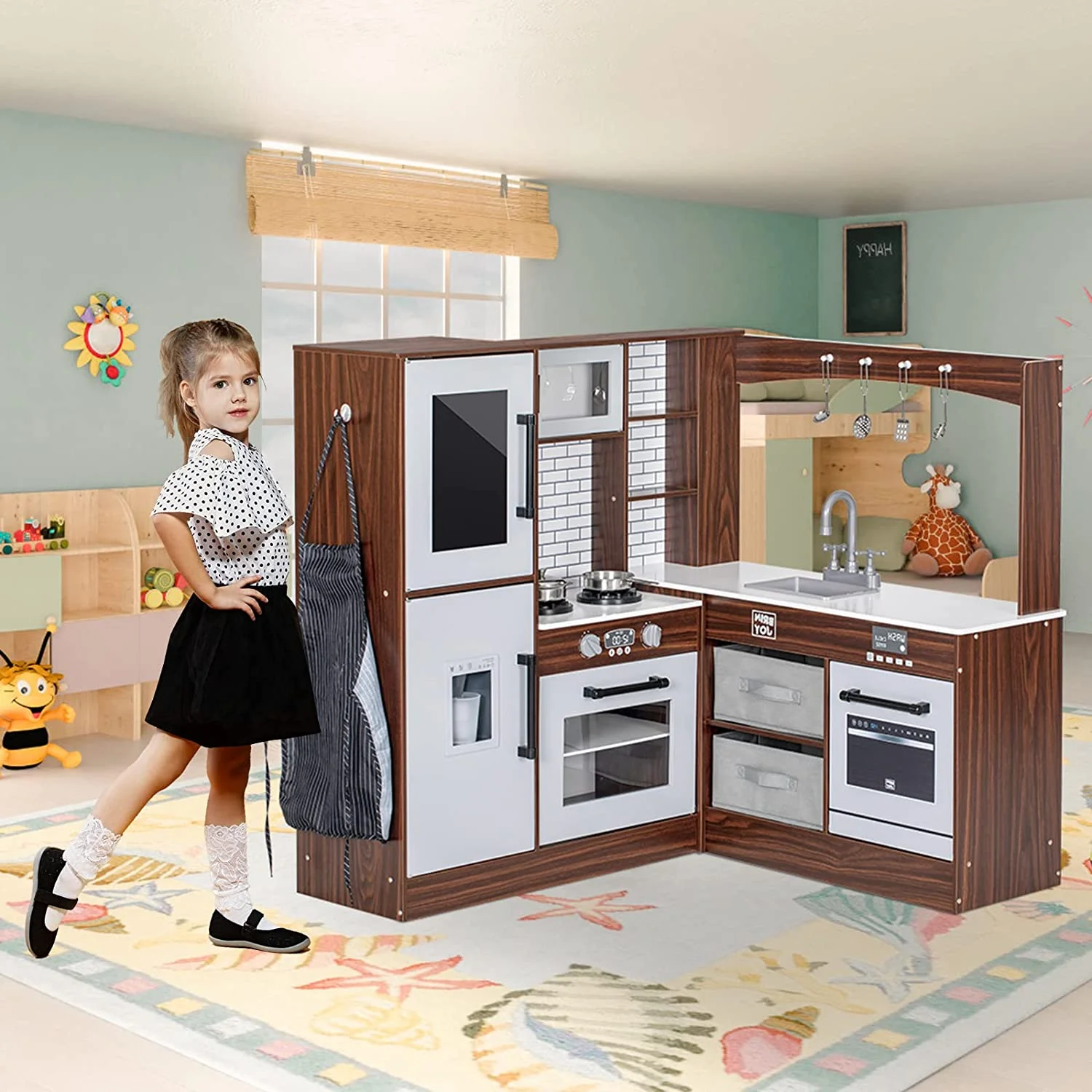 BRINJOY Corner Play Kitchen for Kids, Wooden Toddler Kitchen Playset w\/ Faucet, Sink, Microwave, Oven, Apron, Blackboard, Storage Cabinets, Pretend Cooking Toys w\/ Sound \u0026amp; Light Gift for Ages 3 - John Pierce Auto Care