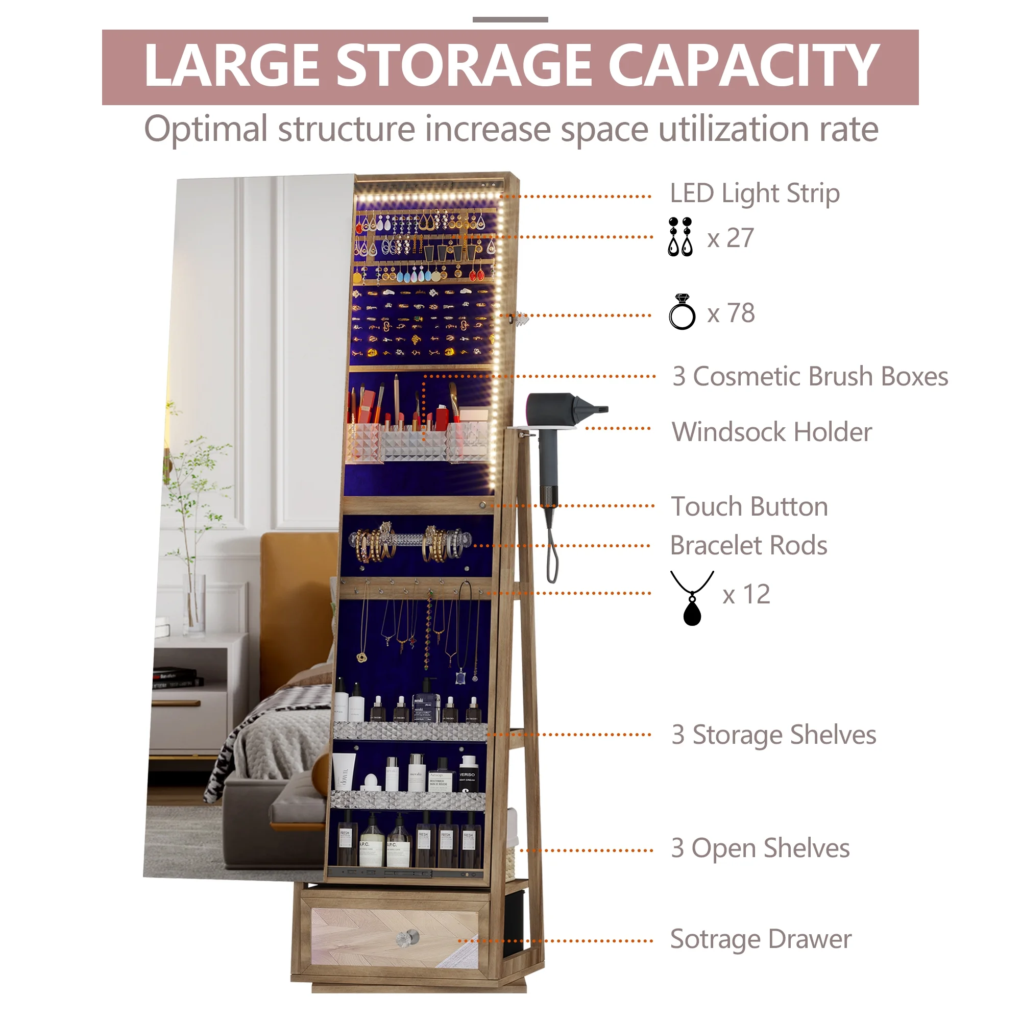 LVSOMT 360 Swivel Jewelry Cabinet with Lights, Standing Rotatable Jewelry Armoire Organizer with Lock, Full Length Mirror with Jewelry Storage, Brown - John Pierce Auto Care