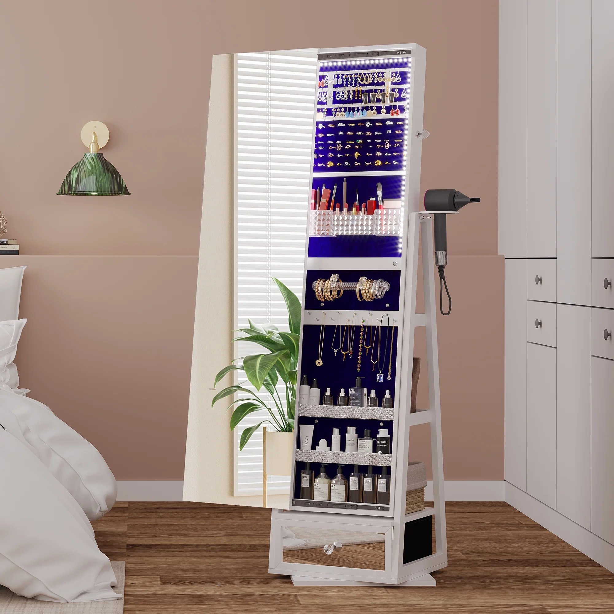 LVSOMT 360 Swivel Jewelry Cabinet with Lights, Standing Rotatable Jewelry Armoire Organizer with Lock, Full Length Mirror with Jewelry Storage, White - John Pierce Auto Care