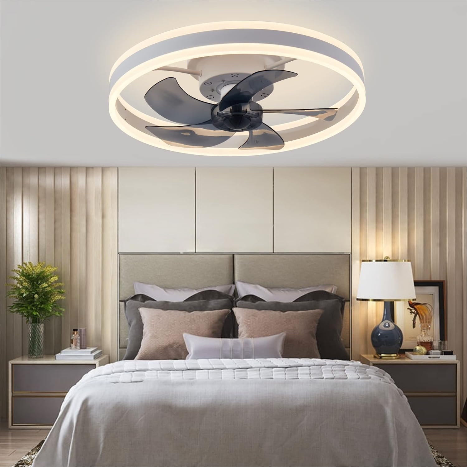 Low profile smart ceiling fan with lights, APP control, remote compatibility, 6 speed reversible blade - John Pierce Auto Care