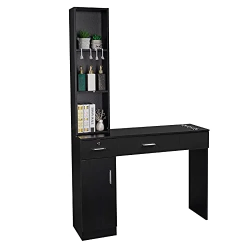 OmySalon Barber Station Wall Mount Salon Hair Styling Beauty Spa Equipment w\/ 2 Drawers, 1 Storage Cabinet, 3 Open Shelves (Black) - John Pierce Auto Care